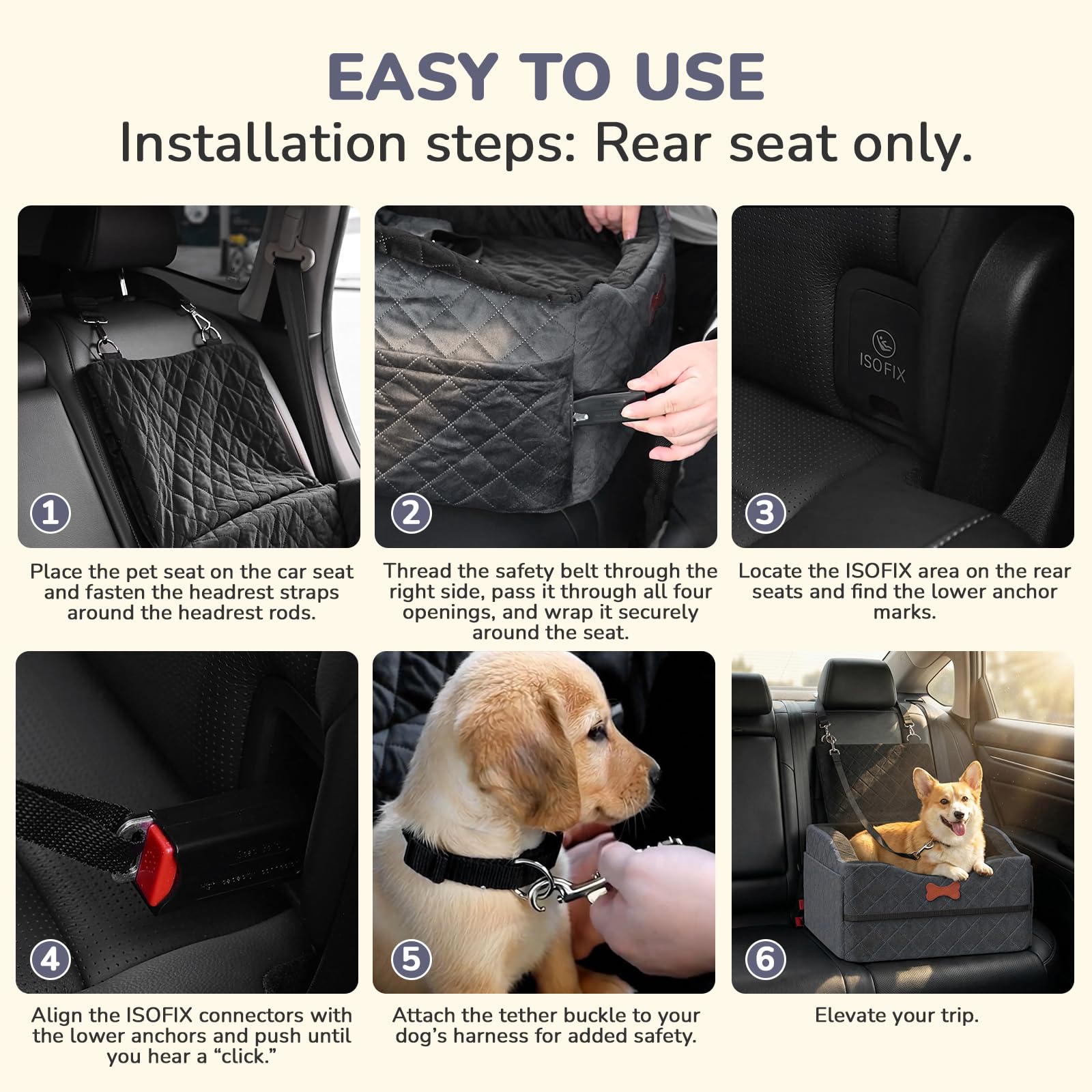 Dog Car Seat for Small Medium Dogs, 6" Elevated Booster Seat with ISOFIX Safety Fixation, Washable Cover & High Density Memory Foam, Portable for Car Front/Rear/Trunk Home Outdoor Use (Charcoal Gray) - image 5