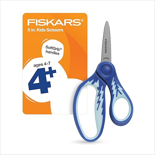 Fiskars Tijeras SoftGrip de punta puntiaguda de 5 pulgadas para niños de 4 a 7 años, tijeras para la escuela o manualidades, suministros de regreso