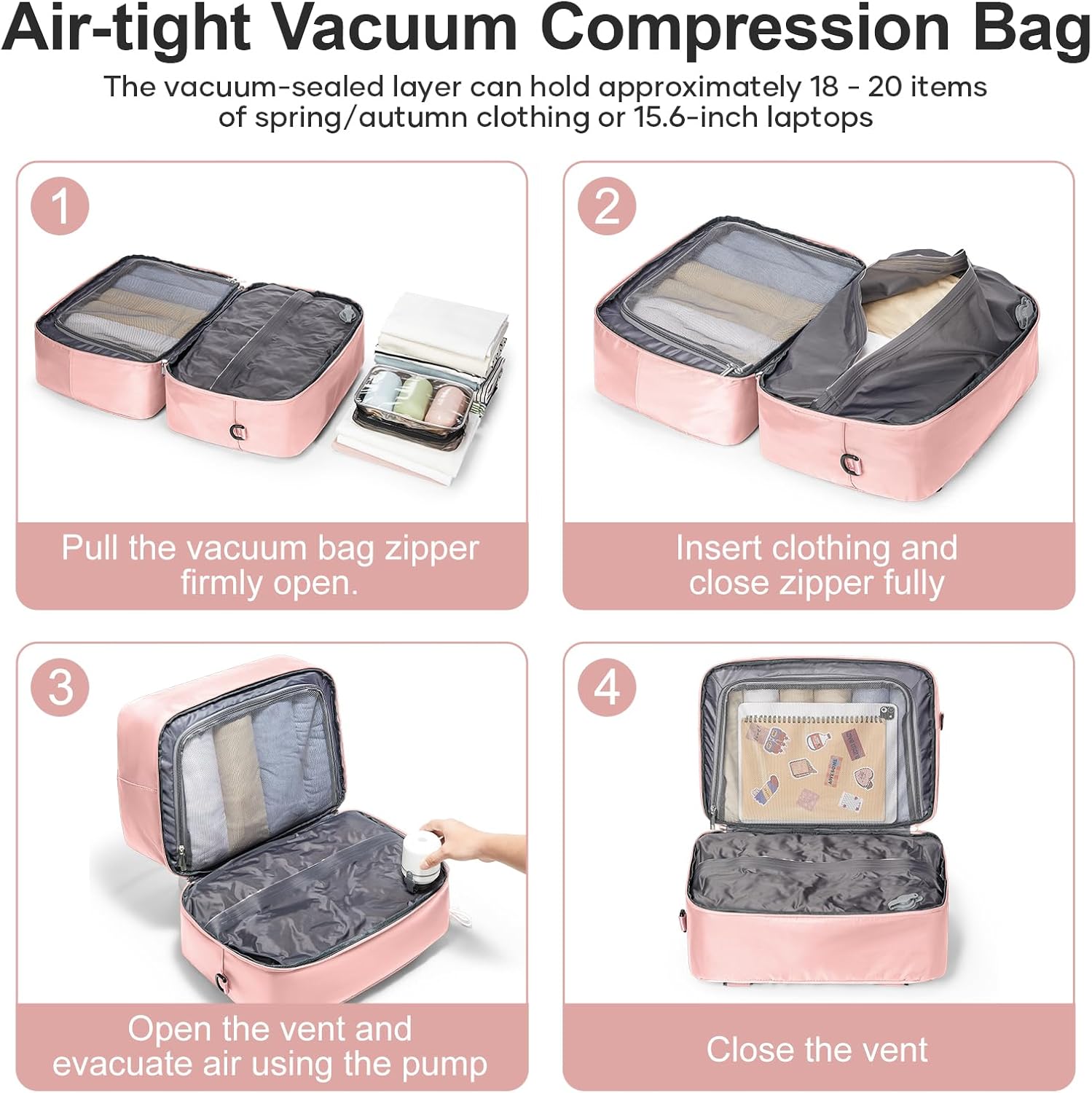 Vacuum Travel Bag for Women with Air Pump, Personal Item Carry on Bags with Seal Compression Pocket for Airlines, Weekender Overnight Bag for Women with Toiletry Bag，Pink