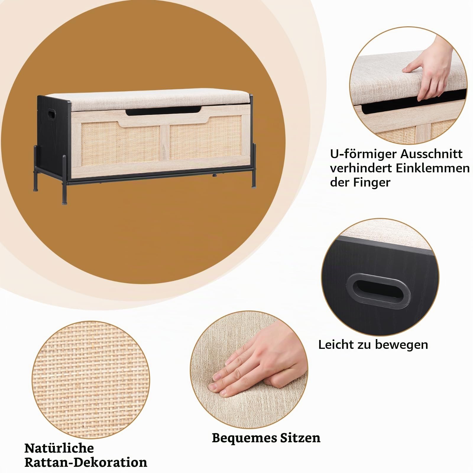 Garvee Schuhbank Rattan Sitzbank mit Kissen Sitztruhe mit Stauraum Aufbewahrungsschrank Aufbewahrungstruhe für Flur Schlafzimmer Wohnzimmer 100 * 40 * 46 cm Schwarz