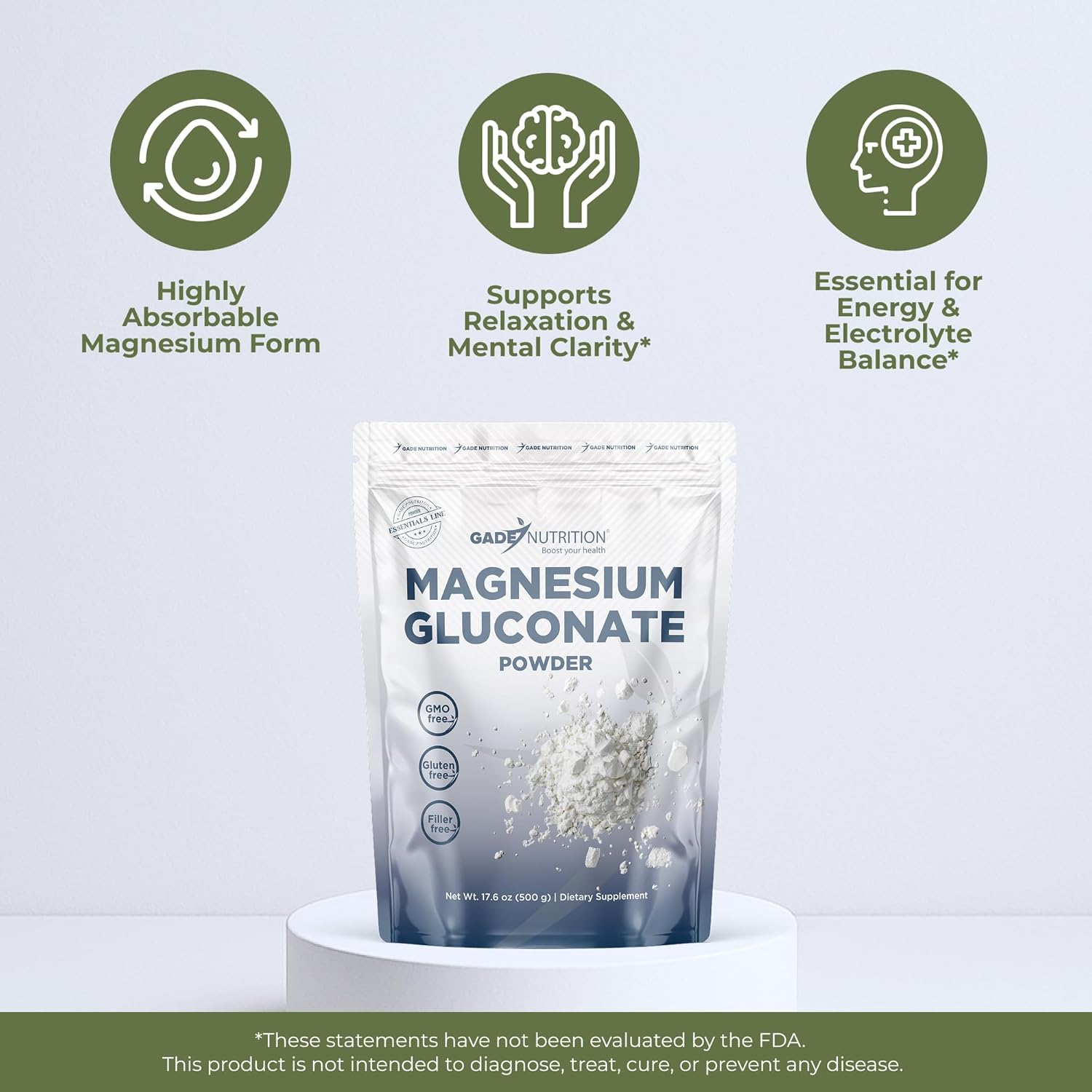 Gade Nutrition Pure Magnesium Gluconate Powder | 500g, 1.4g per Serving, 357 Servings | Non-GMO, Gluten-Free, Filler Free, Highly Absorbable | USA Made
