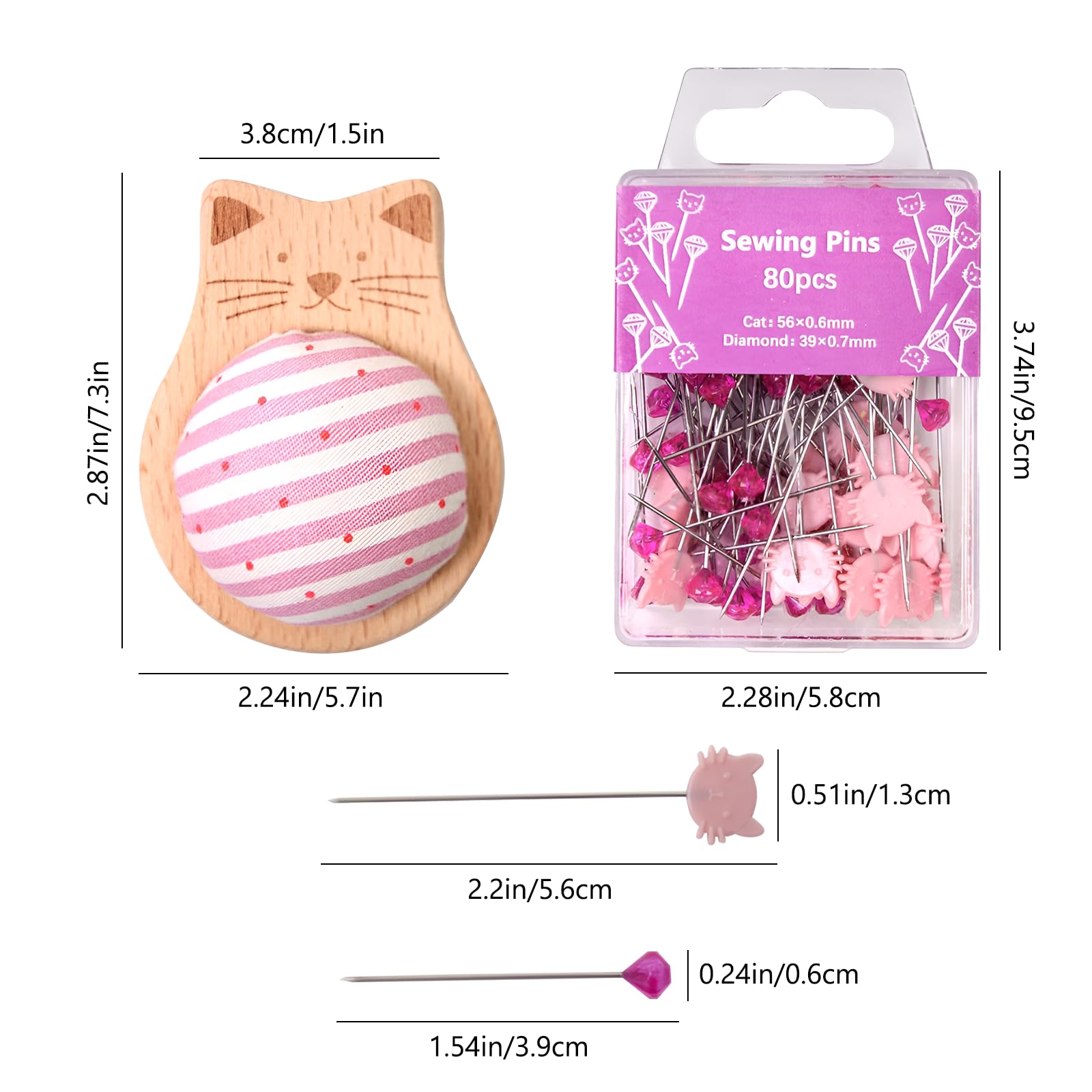 Niedliches Katzen-Nadelkissen-Set – bezauberndes Nadelkissen mit 80 Positionierungsnadeln, Holzsockelkissen zum Nähen, Quilten und für DIY-Projekte