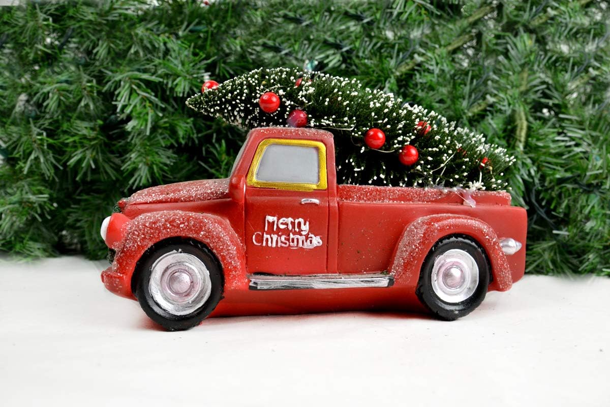 Clever Home Merry Christmas Red Truck with LED Lights Decorated Tree in Back - 10 inches