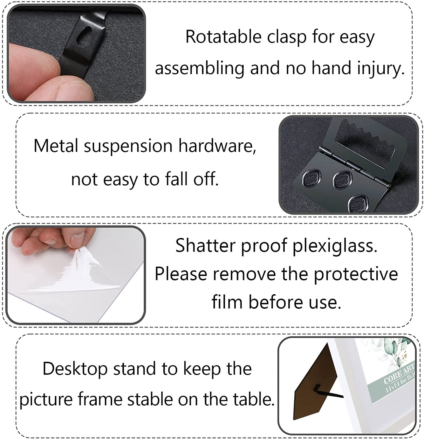 CORE ART 11x14 White Picture Frame Set of 4,Display Pictures 8x10 with Mat or 11 x 14 without Mat,Multi Photo Frames Collage for Wall or Tabletop Display