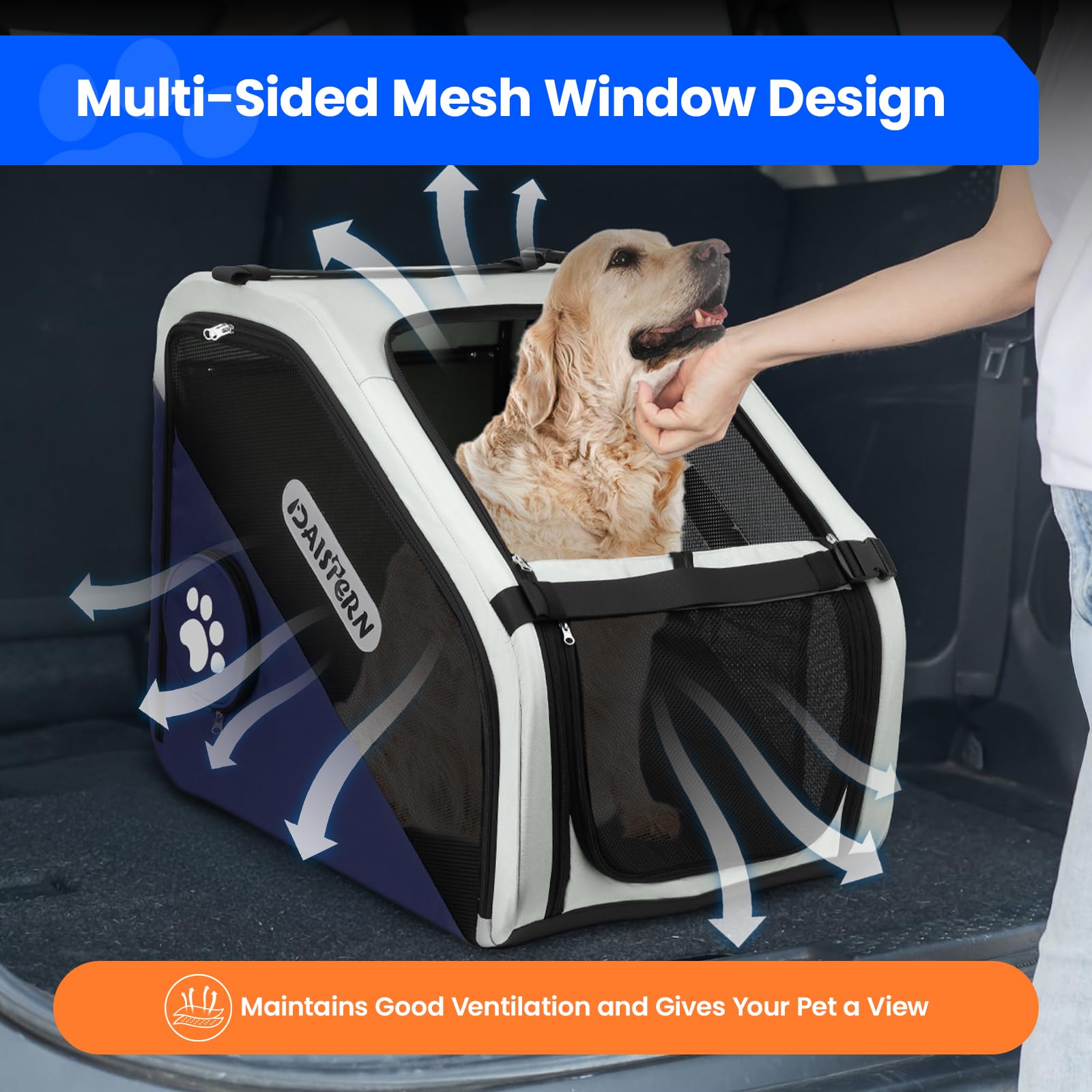 Faltbare Hunde Transportbox für Auto & Reisen, Tragbare Softbox für kleine & mittelgroße Hunde, 1-Minuten-Schnellfold, Robustes Metallgestell, Atmungsaktive Netzfenster & Komfortzugang, Blau