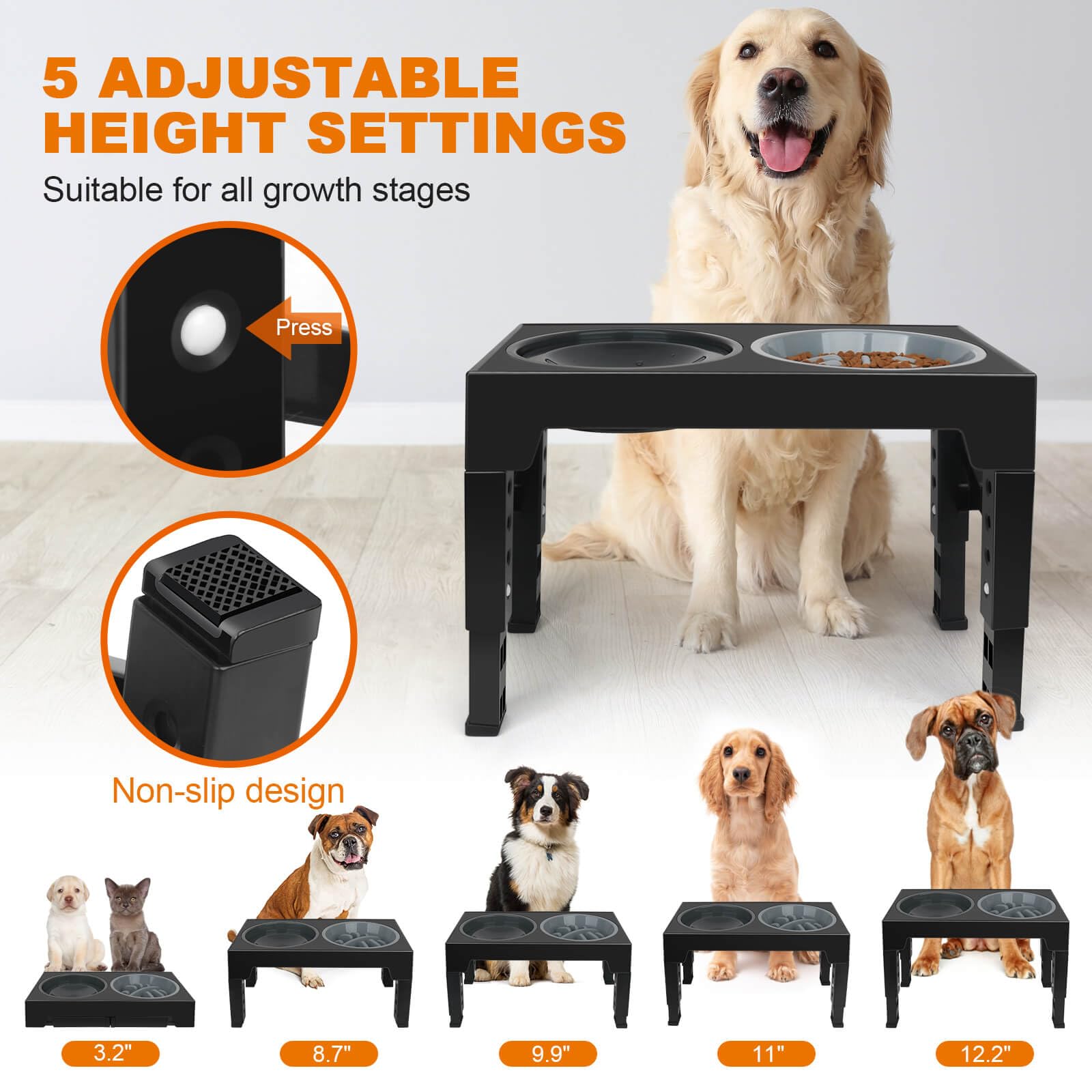 petizer 2-in-1 Elevated Slow Feeder Dog Bowls - 5 Adjustable Heights, Raised Dog Bowl with No Spill Dog Water Bowl and Slow Feeder Bowls, Foldable Dog Bowl Stand for Small Medium Large Dogs and Cats