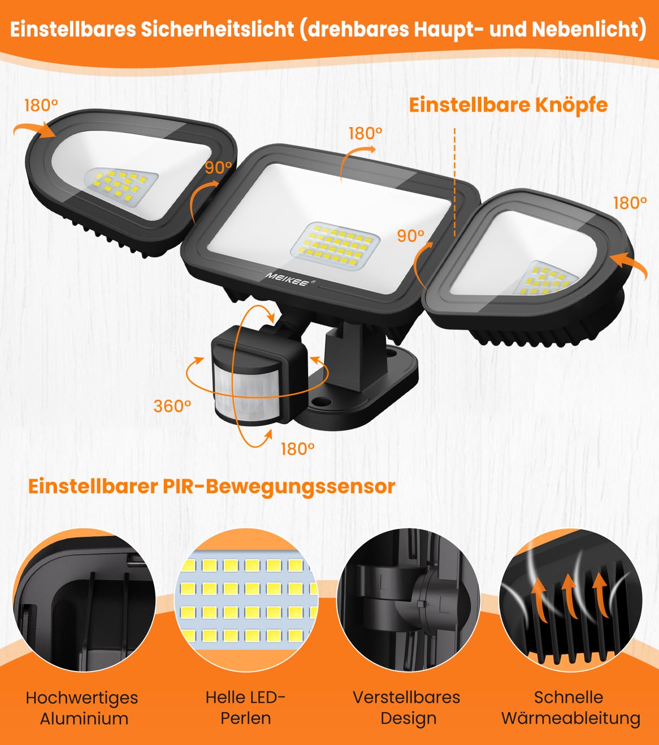 MEIKEE Reflektor LED z czujnikiem ruchu, 42 W, 4200 lm, reflektor zewnętrzny IP65, światło reflektorowe 6500 K, trzy głowice, regulacja 180°, światło bezpieczeństwa do garażu, ogrodu, na taras, podwórko