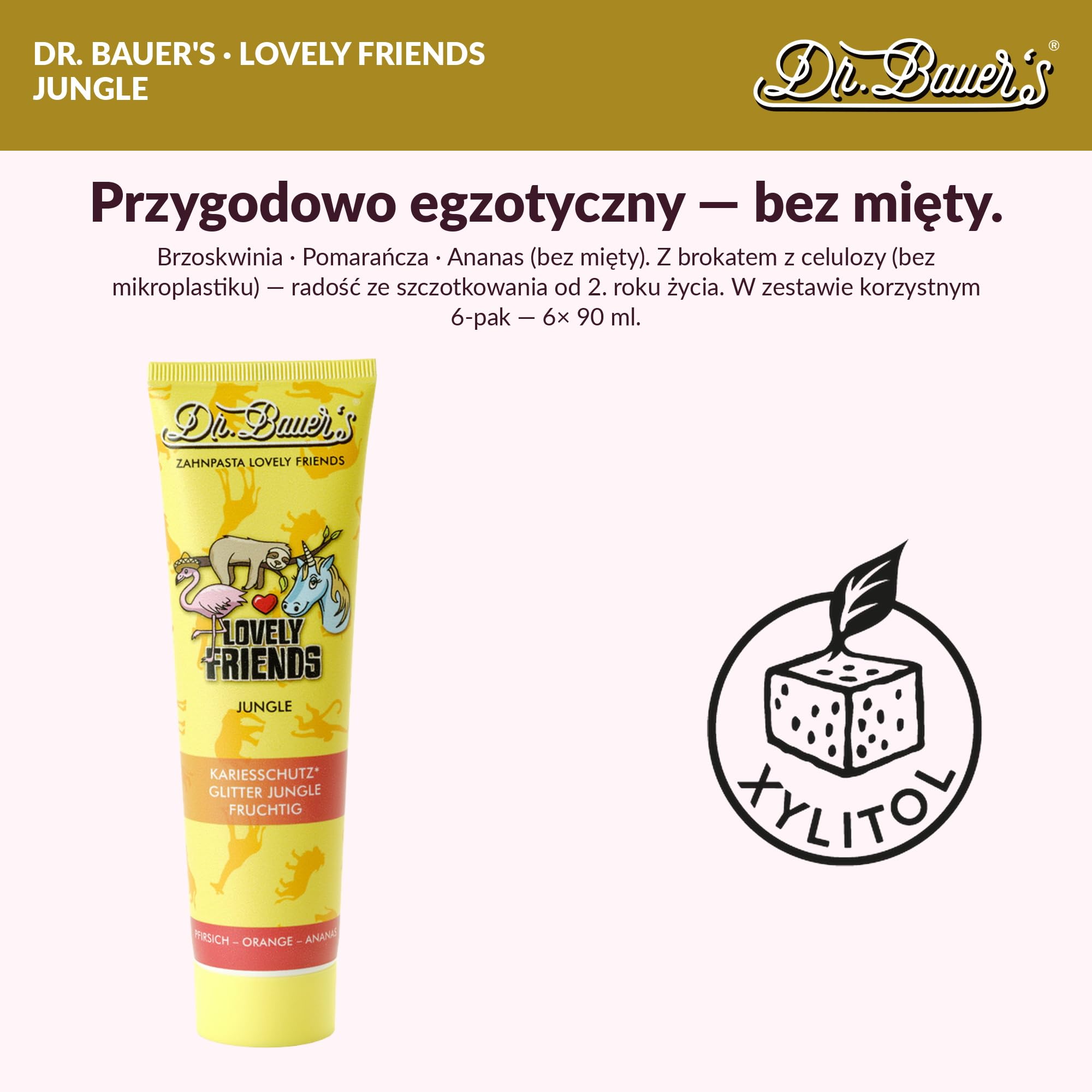 Pasta do zębów dla dzieci Dr Bauer's Lovely Friends Jungle z brokatowymi postaciami - 6x90ml