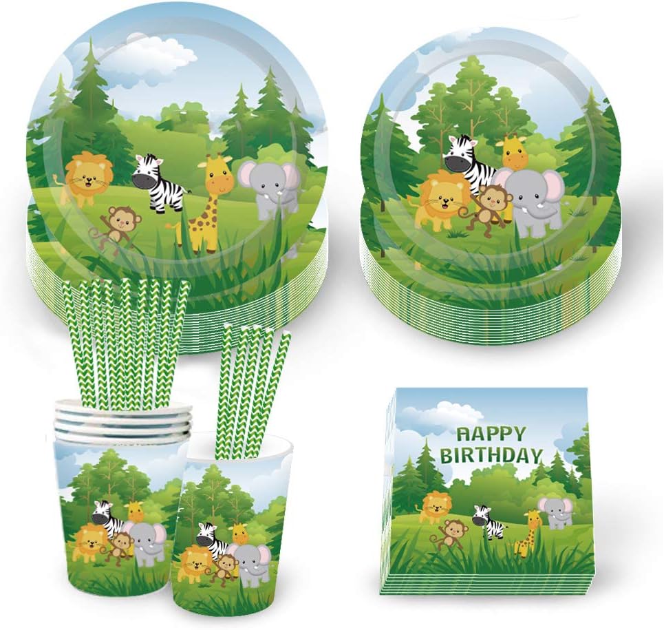 69 Pieces Jungle Animals Party Tableware,9oz Paper Cups,Napkins,7