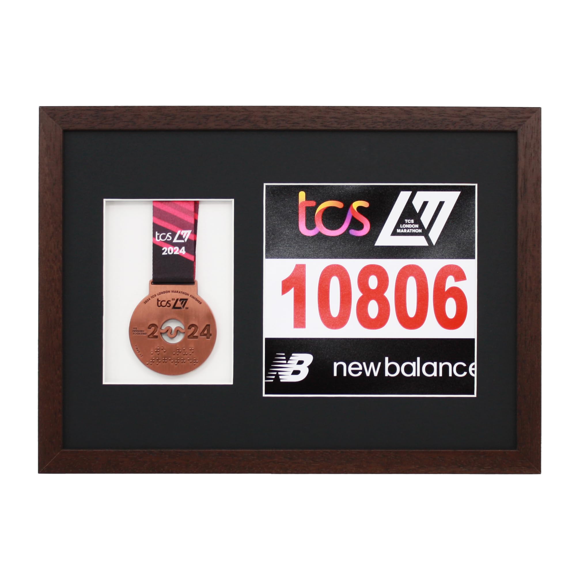 Marathon Medal Display Frame. Designed to showcase a running medal and a 20x20cm sized race number (Walnut Frame - Black Mount)