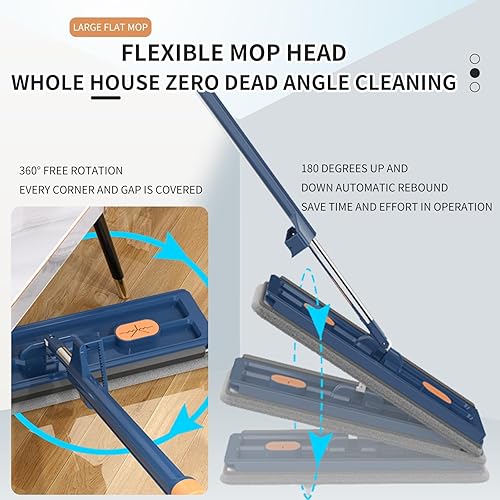 Miniatura 3 de Trapeador plano grande, mopa húmeda y seca, fregona ajustable de acero inoxidable con mango largo, mopa giratoria 360 (azul + 2 paños)