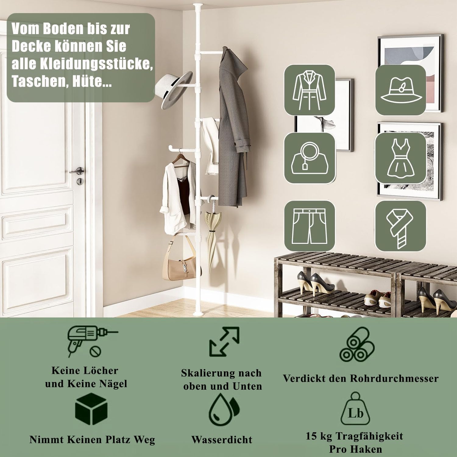 Duscdesp Garderobenständer Ausziehbar 110-310cm mit 6 Haken, Teleskop Kleiderständer Stabil Platzsparend Jackenständer Stehend Teleskopstange Garderobe Metall für Kleidung,Jacken,Hüte,Tasche (Schwarz)