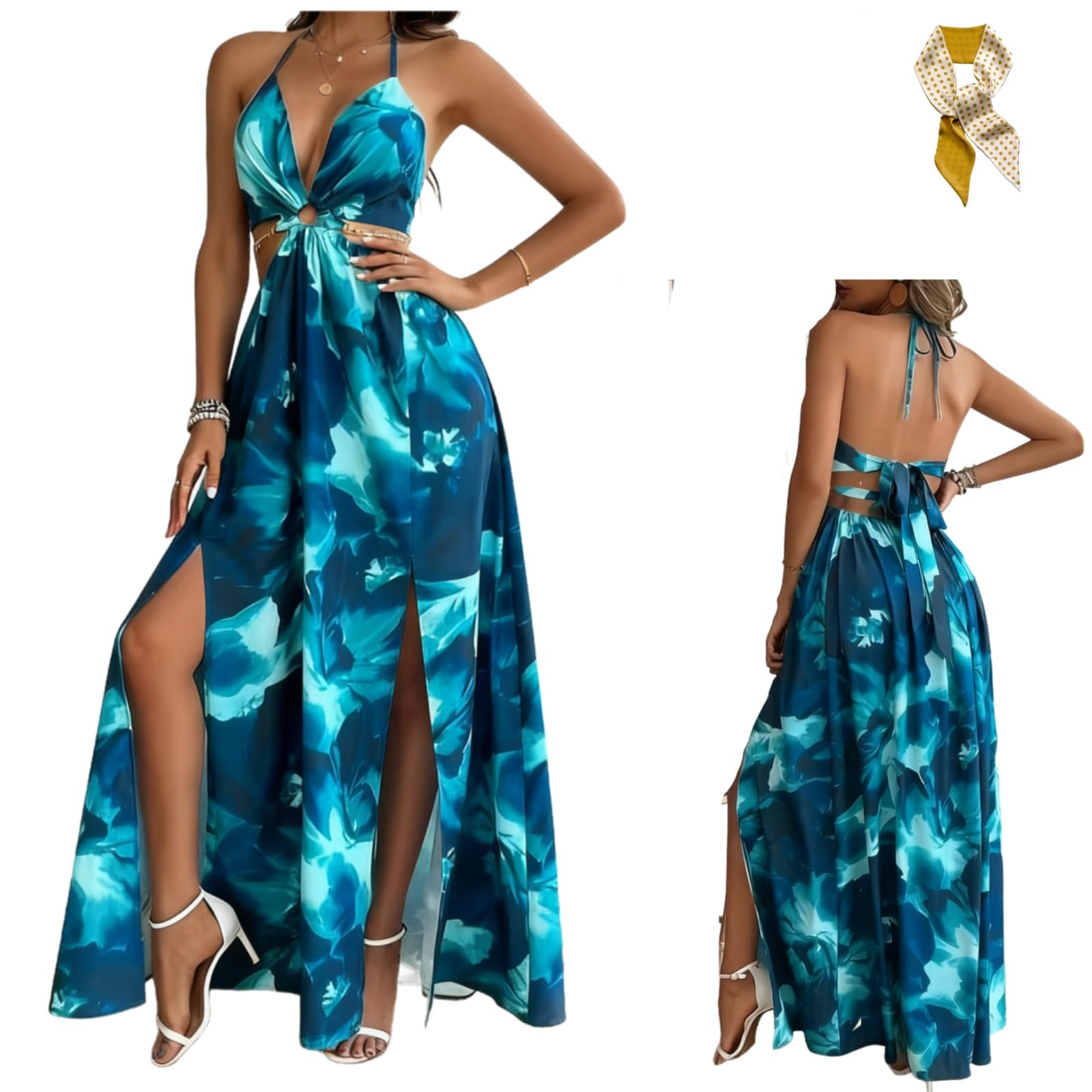 Women's Floral Print Chain Decor Split Thigh Tie Back Cami Dress,Ring Linked Halter Backless Maxi Dress,Summer Beach Dresses