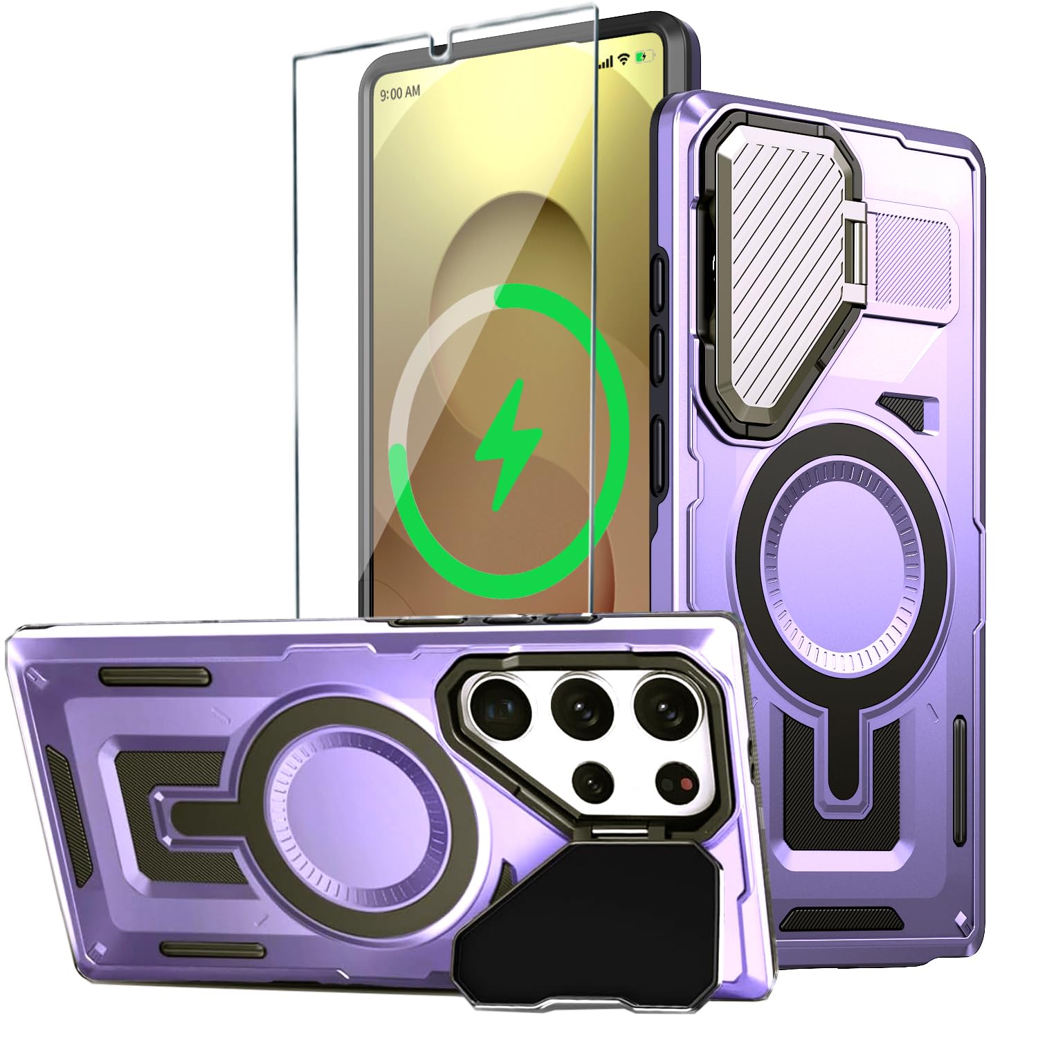 Watefull for Samsung Galaxy S25 Ultra MagSafe Case with Adjustable Metal Camera Cover Stand 1 Screen Protector,[Wireless Charging Compatible] Rugged