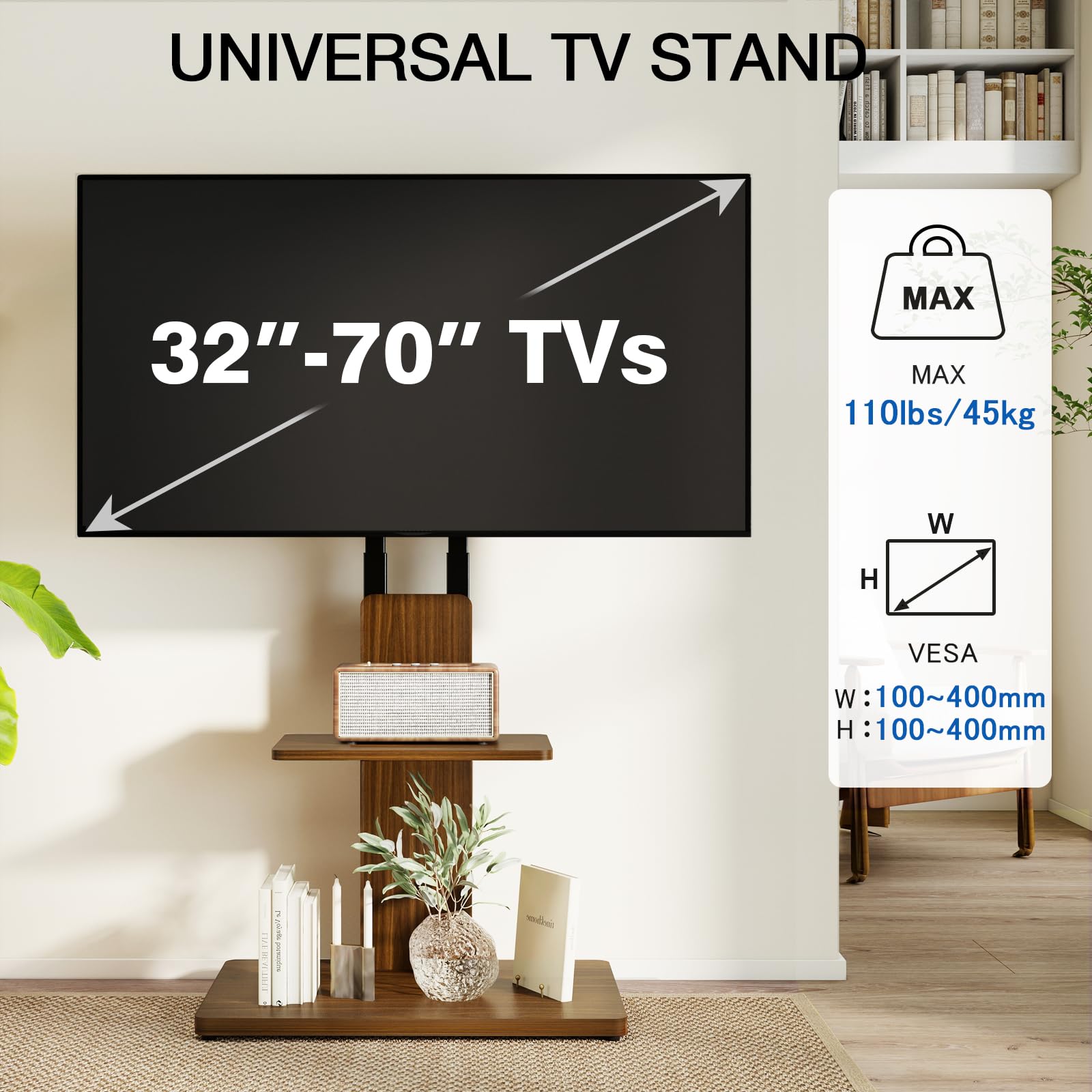 TVON Support TV au Sol avec roulettes Cachées pour Téléviseurs 32-70 Pouces, Hauteur Réglable, Support TV sur Pied Jusqu'à 45 kg avec Étagère Ajustable en Bois, Max VESA 400x400mm