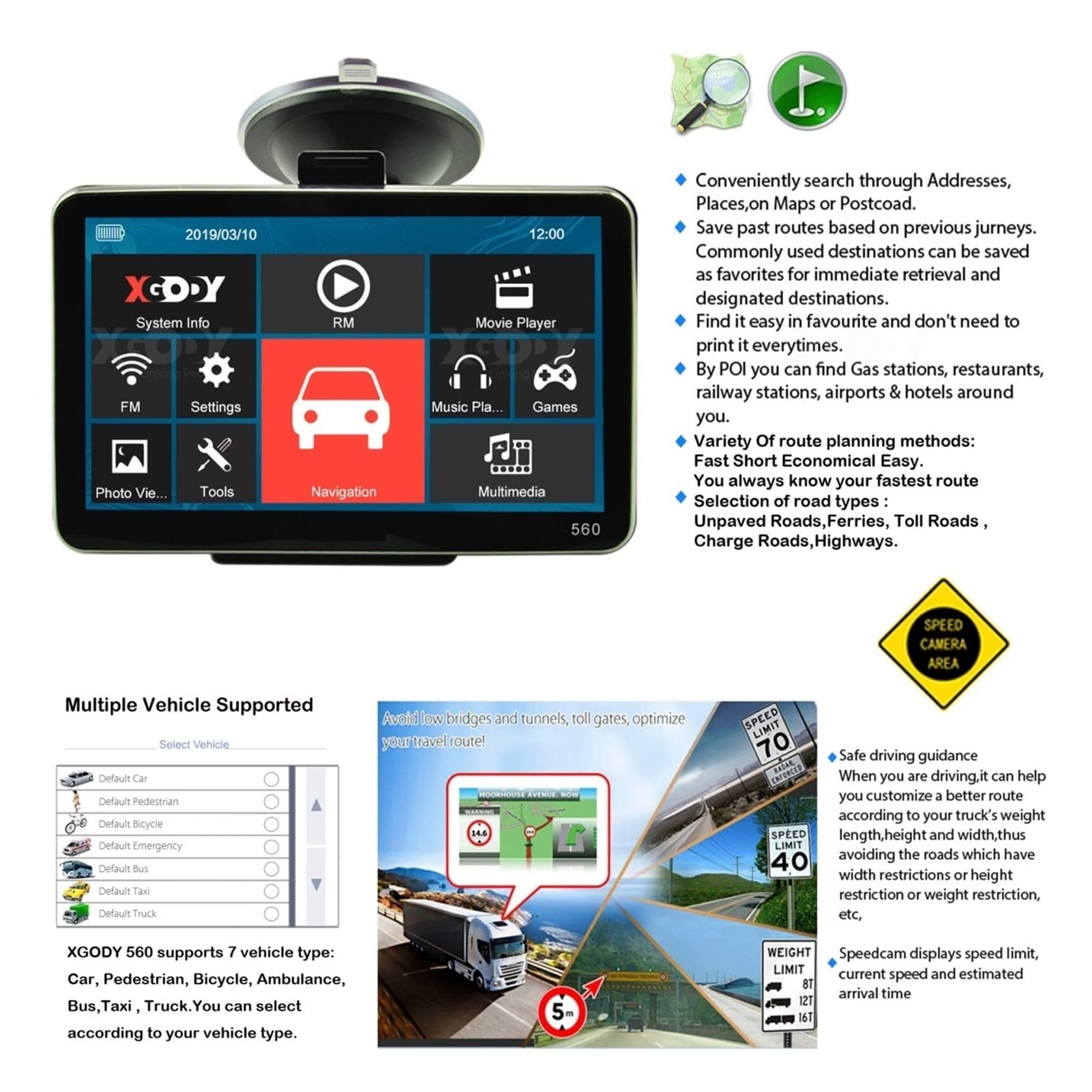 Navigazione GPS per camion, camper, auto 5 '' auto Turck GPS Navigazione 26. 5m + 8 GB FM Sat NAV Navitel Navitel Russia Mappa Facile da usare (Color : Noir, Size : BT add wired)