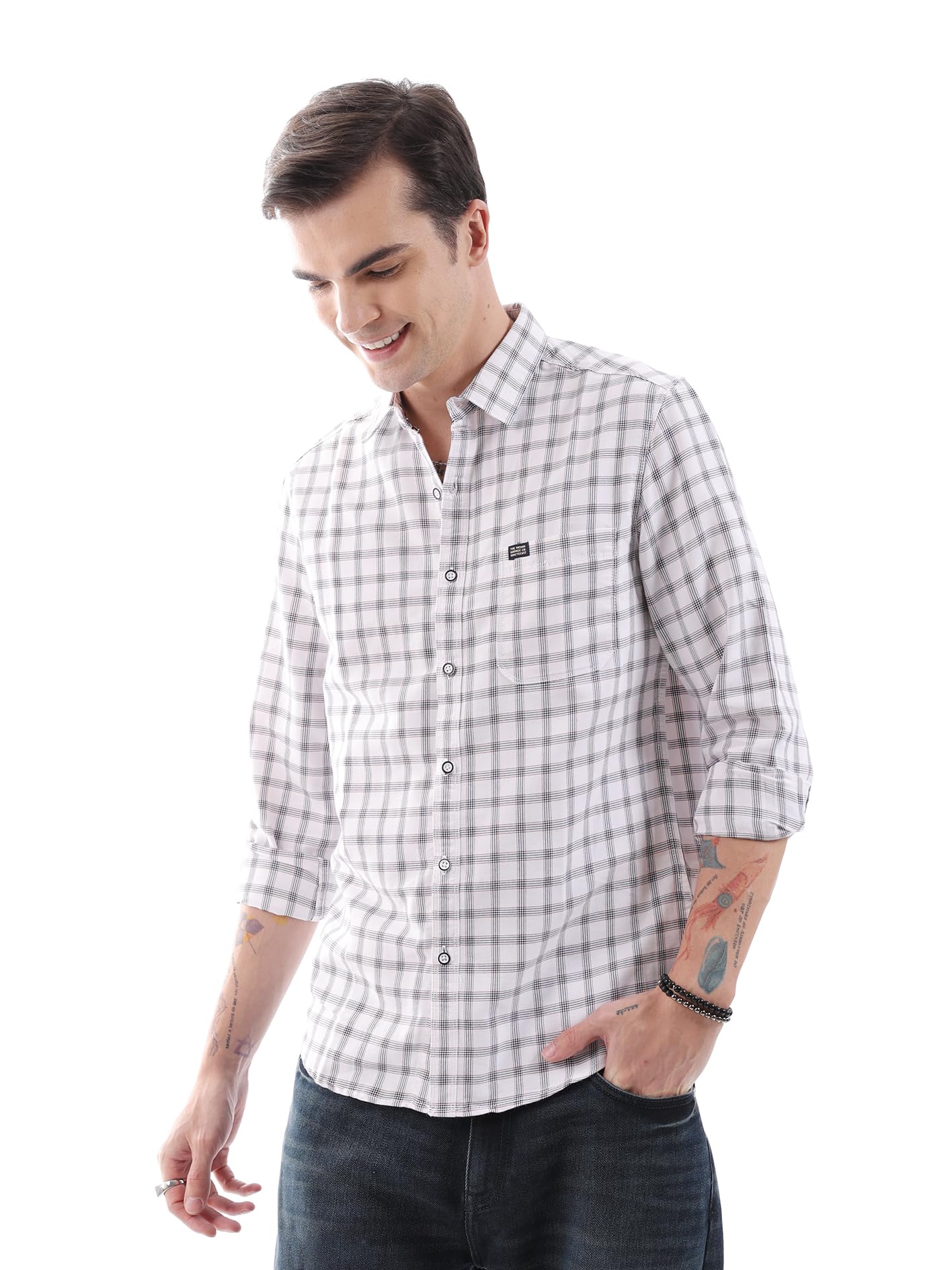 The Indian Garage CoMen's Cotton Slim Fit Checkered Full Sleeves Spread Collar Casual Shirt