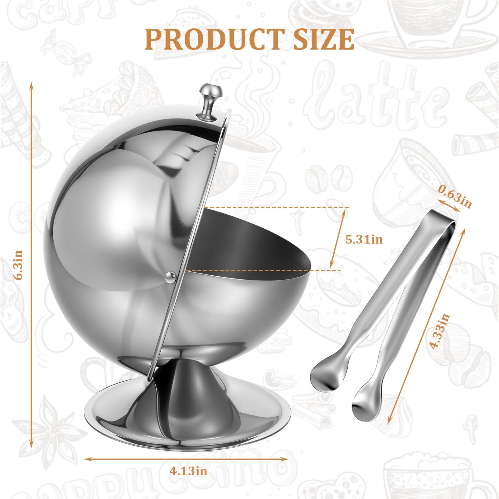 Sucrier en acier inoxydable avec couvercle enroulable - Bol à bonbons sphérique en acier inoxydable avec pince à sucre de 11,9 cm - Support de cube de sucre - Pot à bonbons - Pour la maison, la