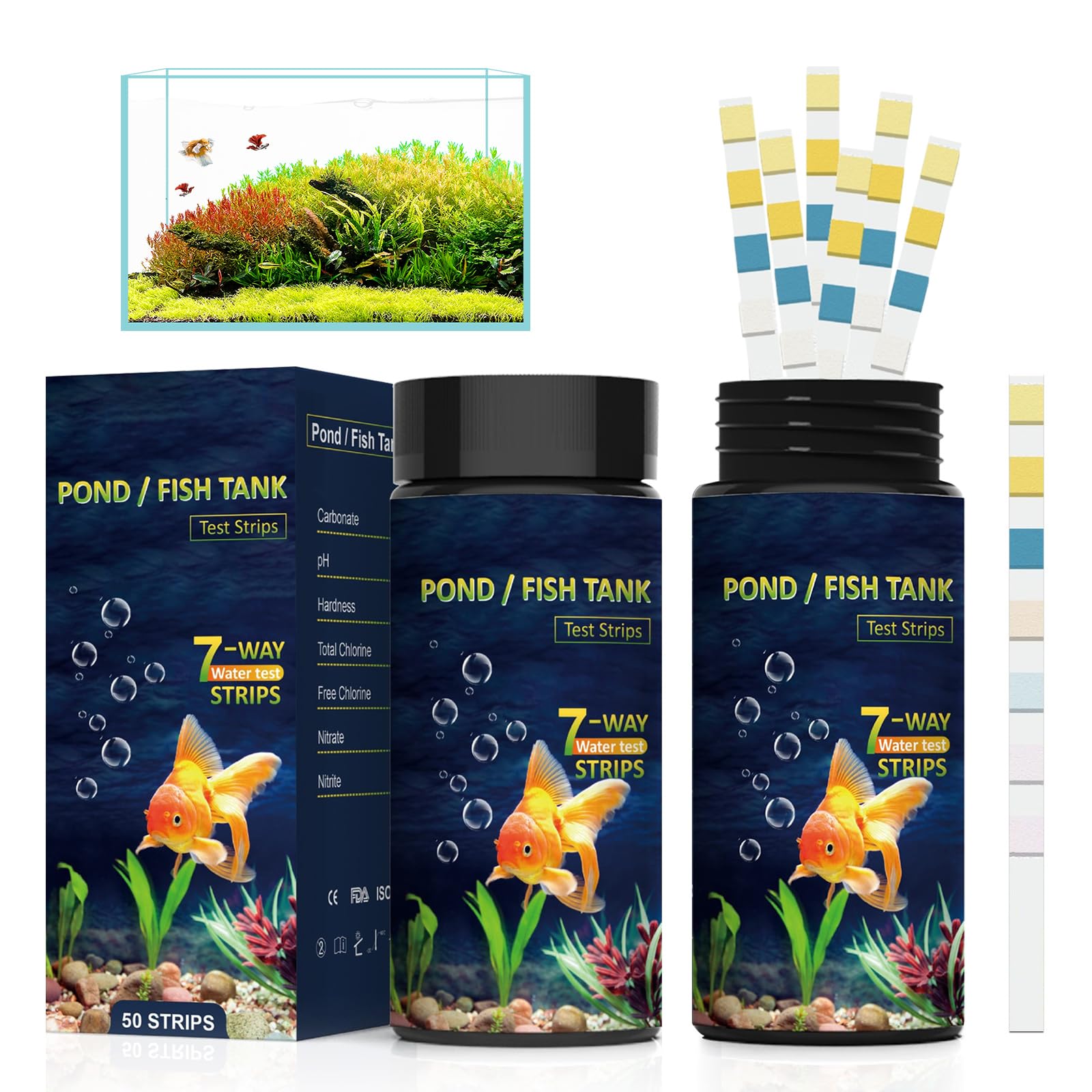 200 Pcs 7 In 1 Aquarium Test Strips,Fish Tank Test Strips for Freshwater Fish Tank Saltwater Pond,Fast Testing Ph/Carbonate/Hardness/Total Chlorine/Residual Chlorine/Nitrate/Nitrite