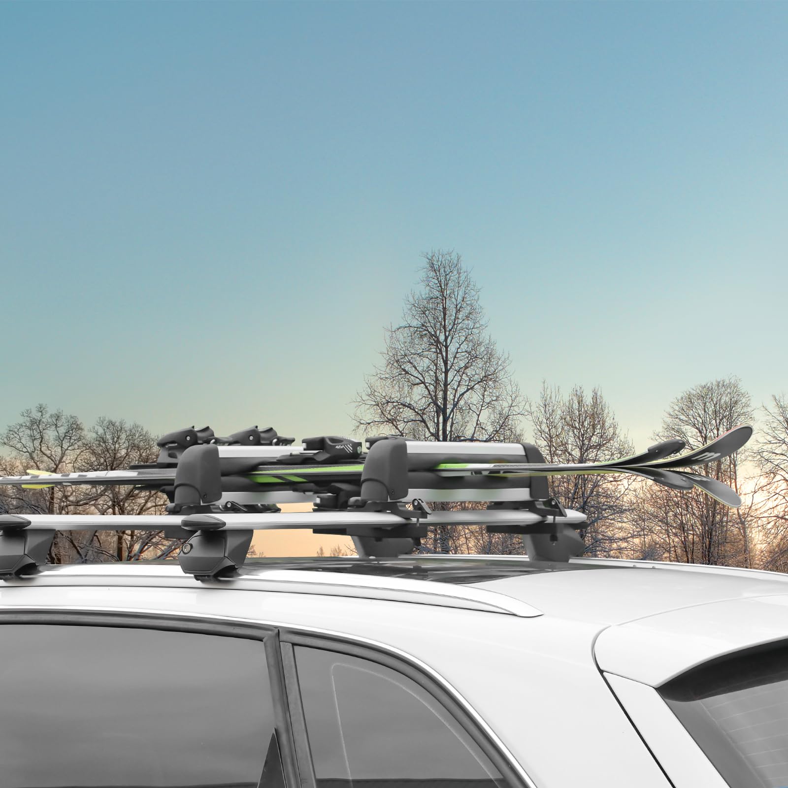COWVIE Skidachträger fürs Auto, mit TPV-Gummipolsterung und Schloss – für 2 Paar Skier oder Snowboards, inkl. Angelrutenhalter (Silber, 41CM)