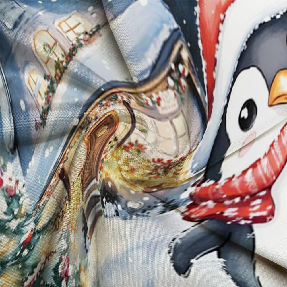 Winter Penguin Shower Curtain Cute Christmas Animal Snowflake Xmas Pine Tree Farmhouse Winter Holiday Bathroom Polyester Fabric Curtains with Hooks 90Wx70H Inch