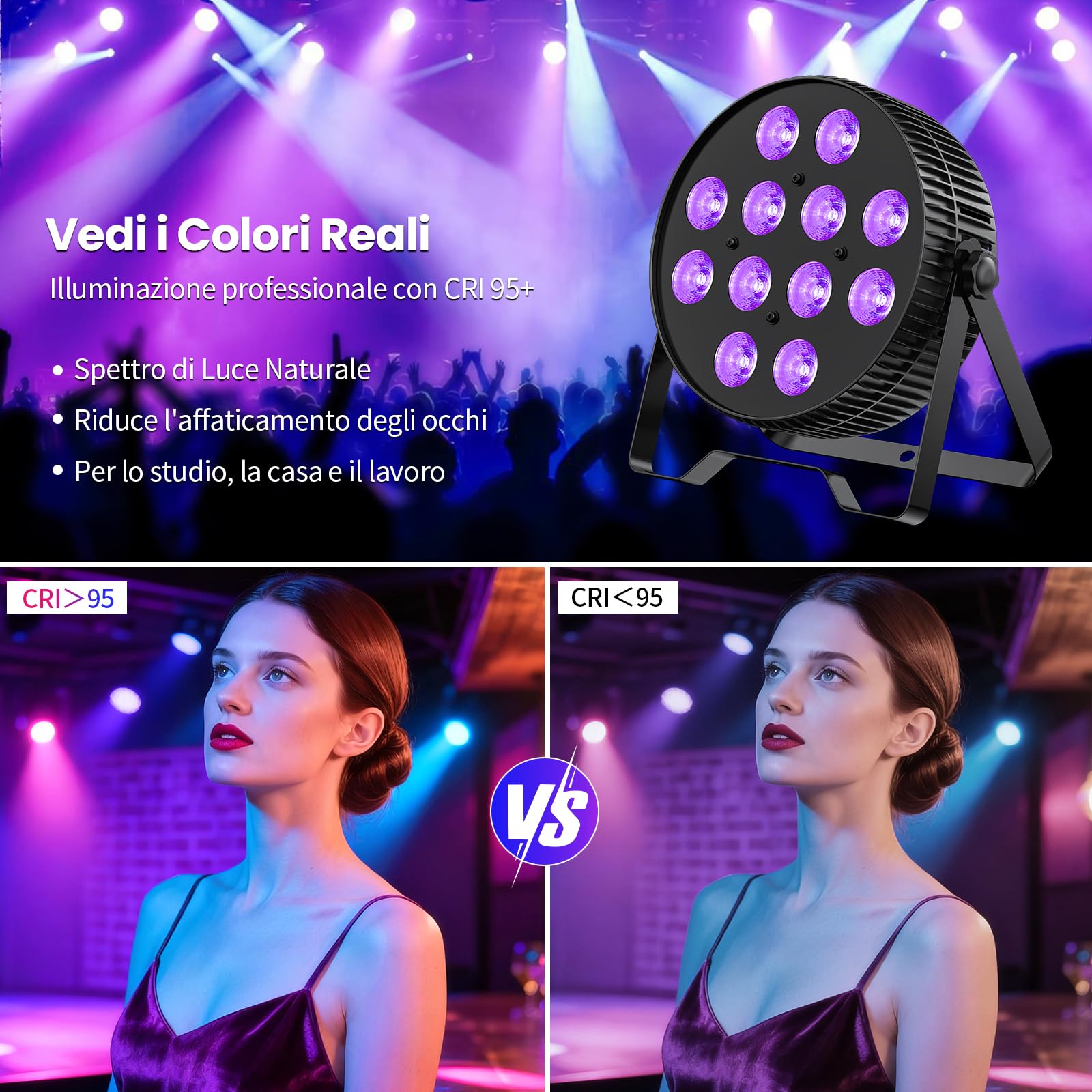 BETOPPER PAR LED 12X18W, Farettore 6-in-1 RGB+Lime+Ambra+UV per Luci DJ con Effetti Wash/Strobe e Uplighting, Controllo DMX512/Attivazione Sonora per Feste, Concerti, Bar, 1PZ