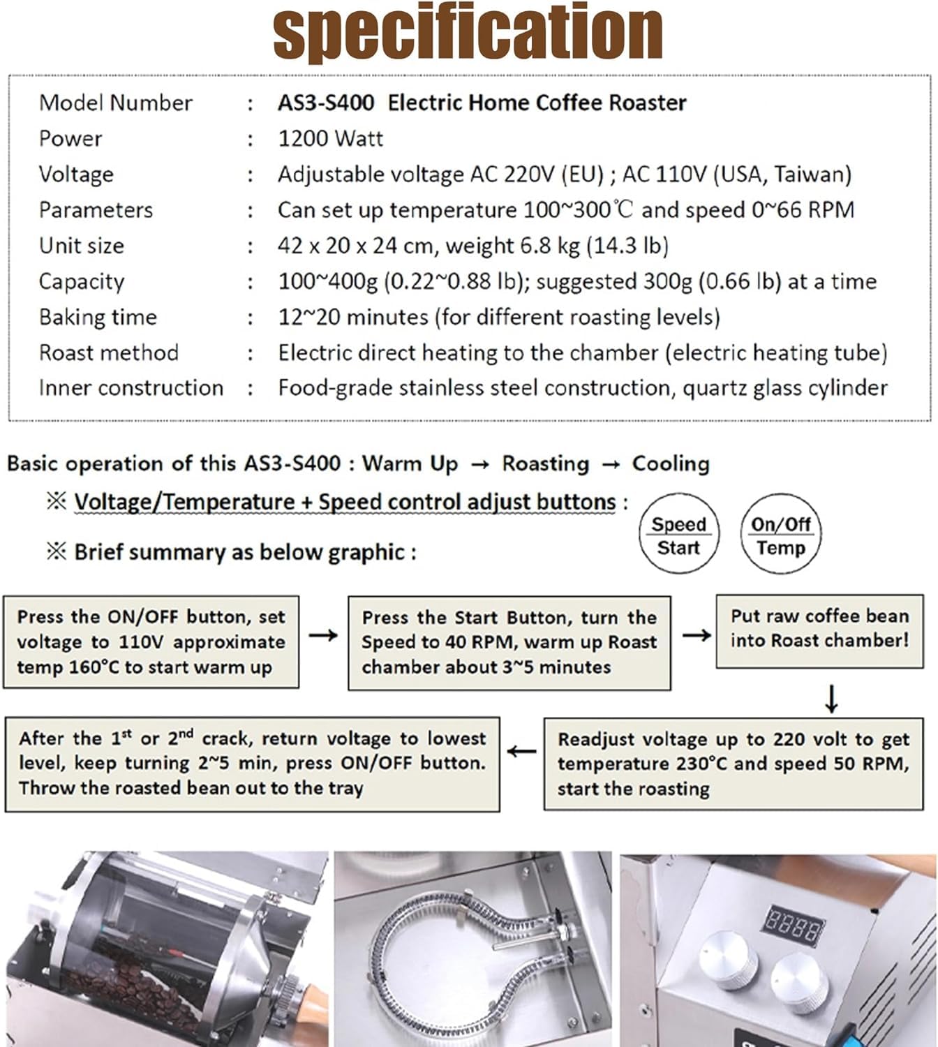 Tostatrice caffè domestica, tostatrice elettrica da 1200 W con termometro, velocità regolabile 1~66 giri/min Tostatrice professionale per chicchi di caffè, perfetta per tostare chicchi di ca