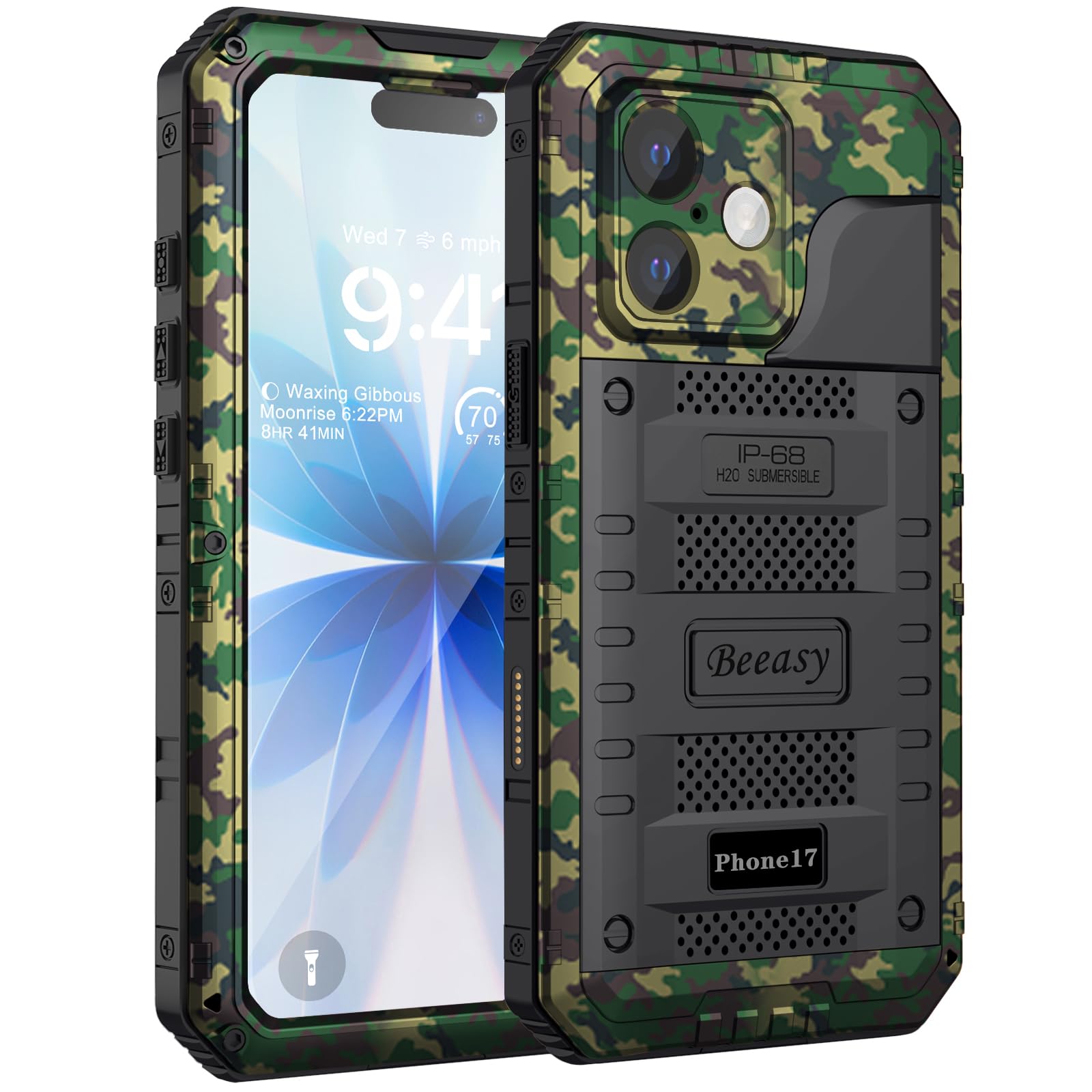 Beeasy for iPhone 17 Case Waterproof Heavy Duty Metal Armour Cover Shockproof Dustproof Built-in Screen Protector, Robust Full Body Protective Military Rugged Case for iPhone 17, Camo