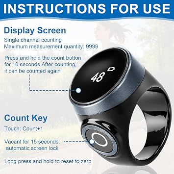 Counter Ring Digital Clicker 4-Digit Handheld Finger Counter with LED Display Portable Number Clicker for Prayer Sports Meditation Relaxation Active Fingers (Black)