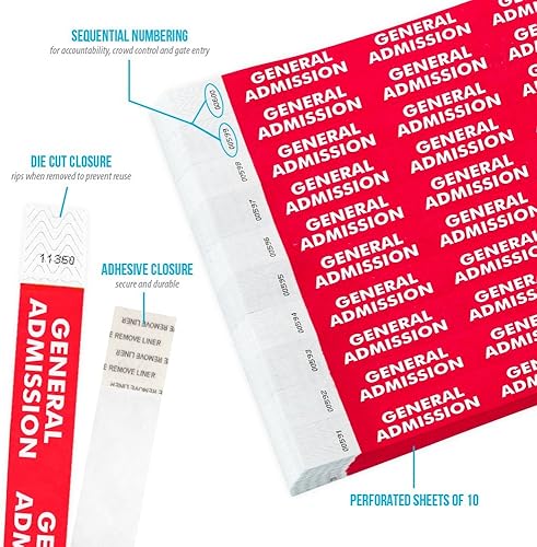 Miniatura 2 de 500 Wristco - Pulseras Tyvek rojas de admisión general para eventos, ¾ x 10 pulgadas, impermeables, reciclables, cómodas, resistentes a desgarros