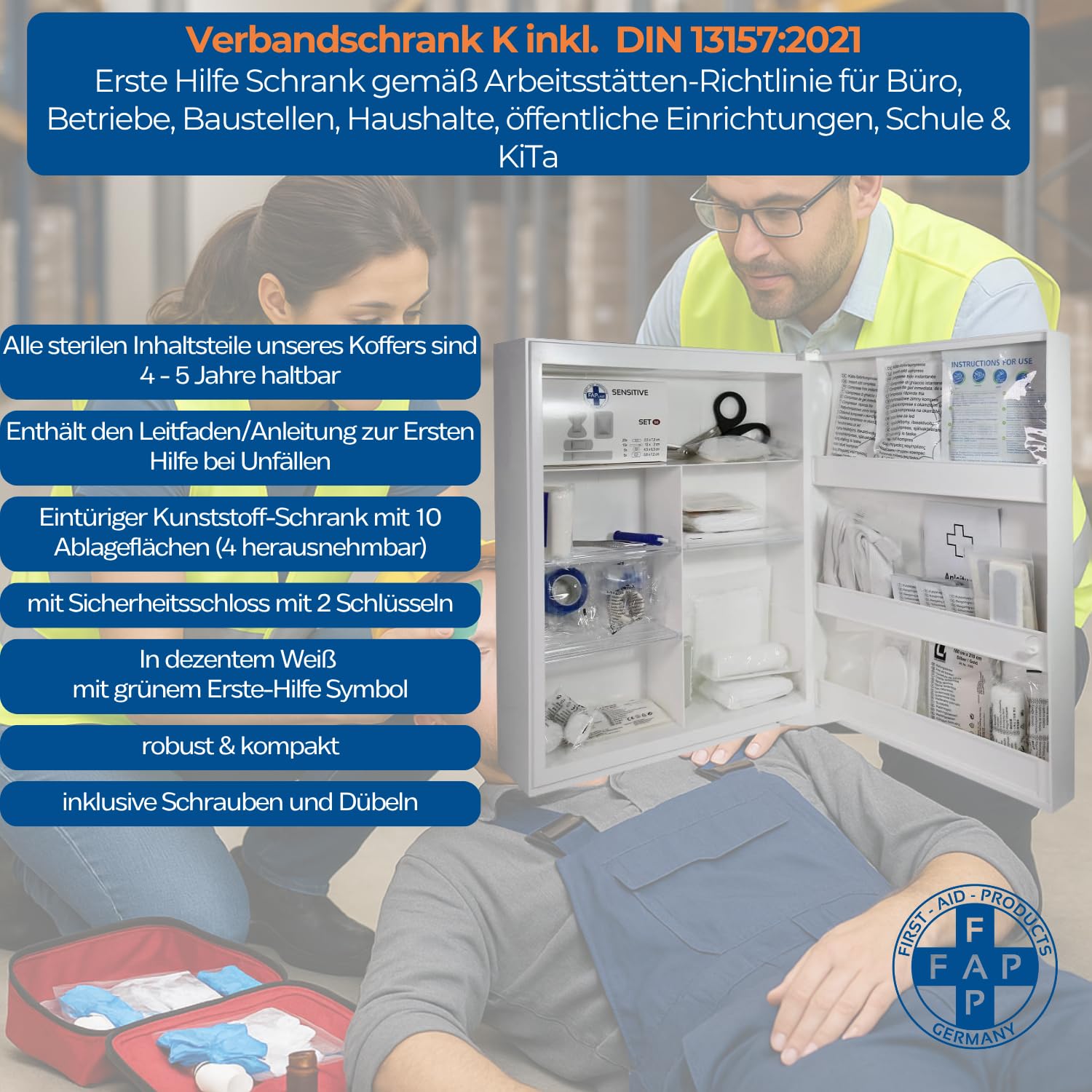 First Aid Products - Erste Hilfe Verbandschrank Kunststoff gefüllt mit DIN 13157, Medizinschrank mit 10 Fächern (4 variabel), Sicherheitsschloss – 45 x 34,5 x 16 cm - robust, kompakt & hängend Wand