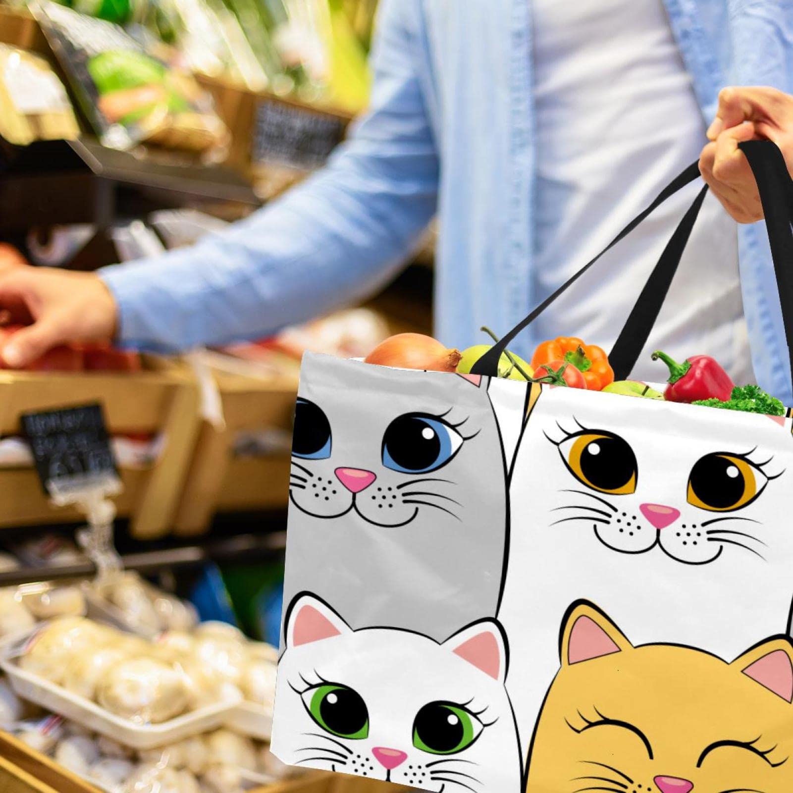 Sgehenr Borsa per la spesa pieghevole, riutilizzabile, impermeabile, ecologica, con stampa di gatti, grande, multicolore, poliestere, primavera/estate, uso quotidiano da donna, Leopard, Large