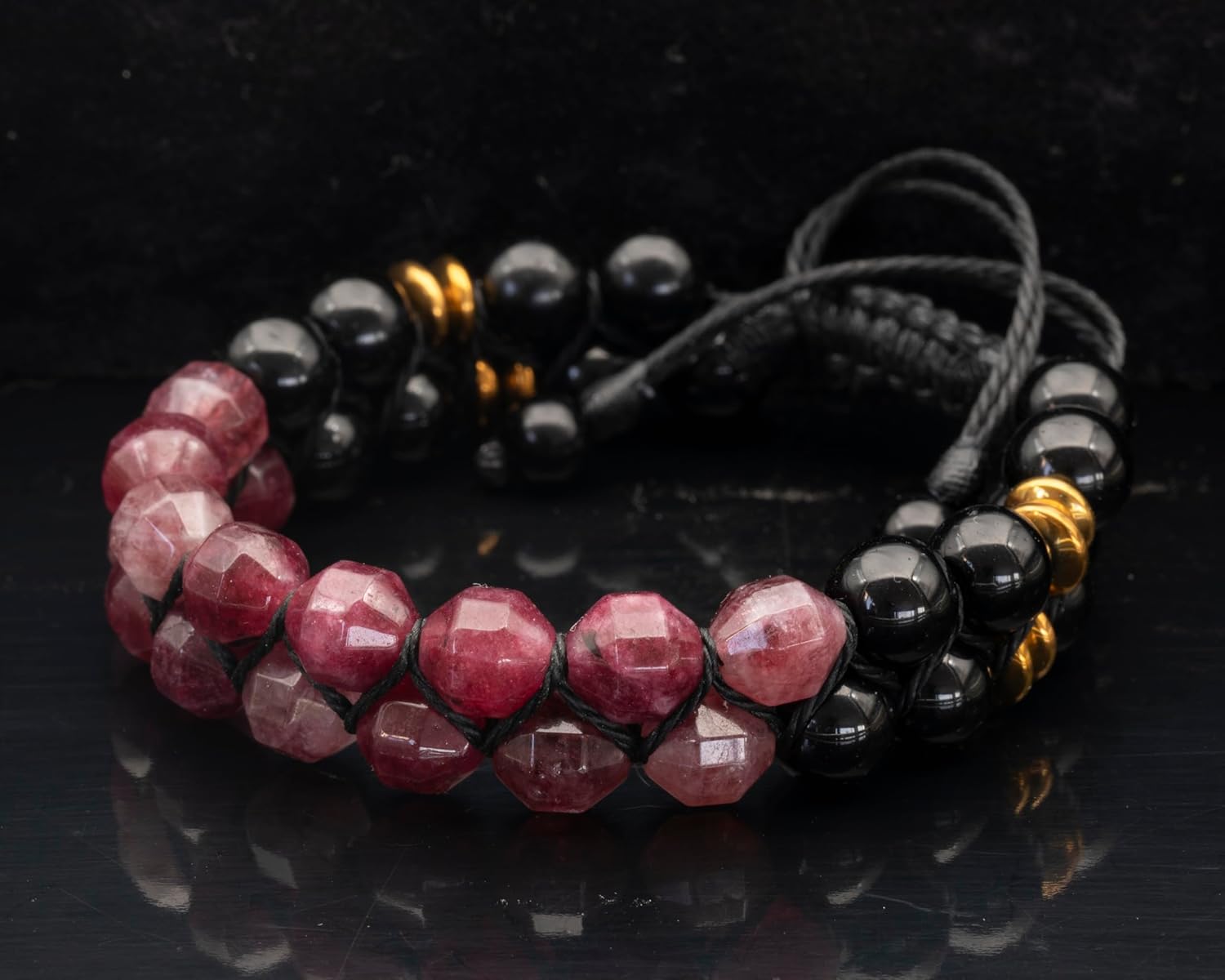 Natural Gemstone Double Row Macrame Bracelet for Men & Women | Handmade 8mm Bead Bracelet with Black Onyx & Hematite | Adjustable Waxed Cord | Zodiac Chakra Jewelry Gift