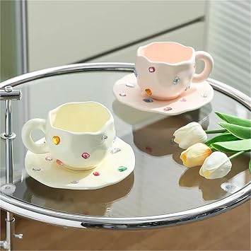 Tea Cups Gem Ceramic Coffee Cup And Dish Set, Party Niche, Hand-painted, Handcrafted, Water Cups For Tea(Black)