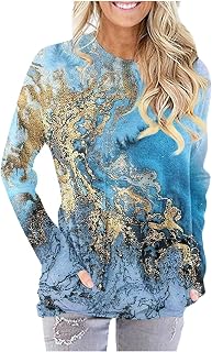 Long Sleeve Tshirt for Women with Pocket Loose Comfy Crew Neck Longline Tops Soft Print Plus Size Blouse Tops Basic T-Shirt Sports Work Gym Tops Shirts Workout Going Out Tops for Women UK