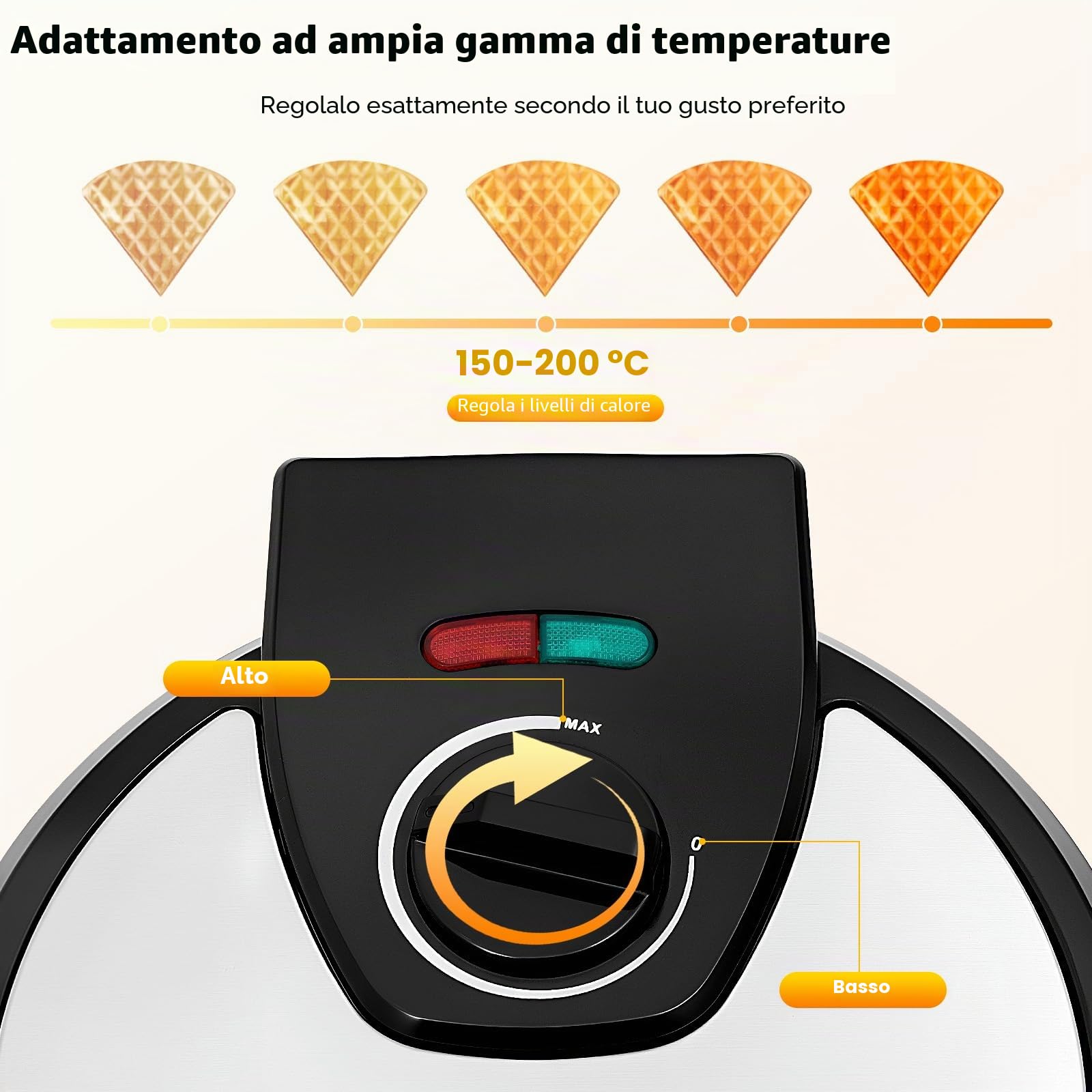 Piastra per waffle sottile per gelato, cialda elettrico, produttore di coni, antiaderente, piastra da forno in ferro, superficie di cottura, 20 cm, con spia conica, 1000 W