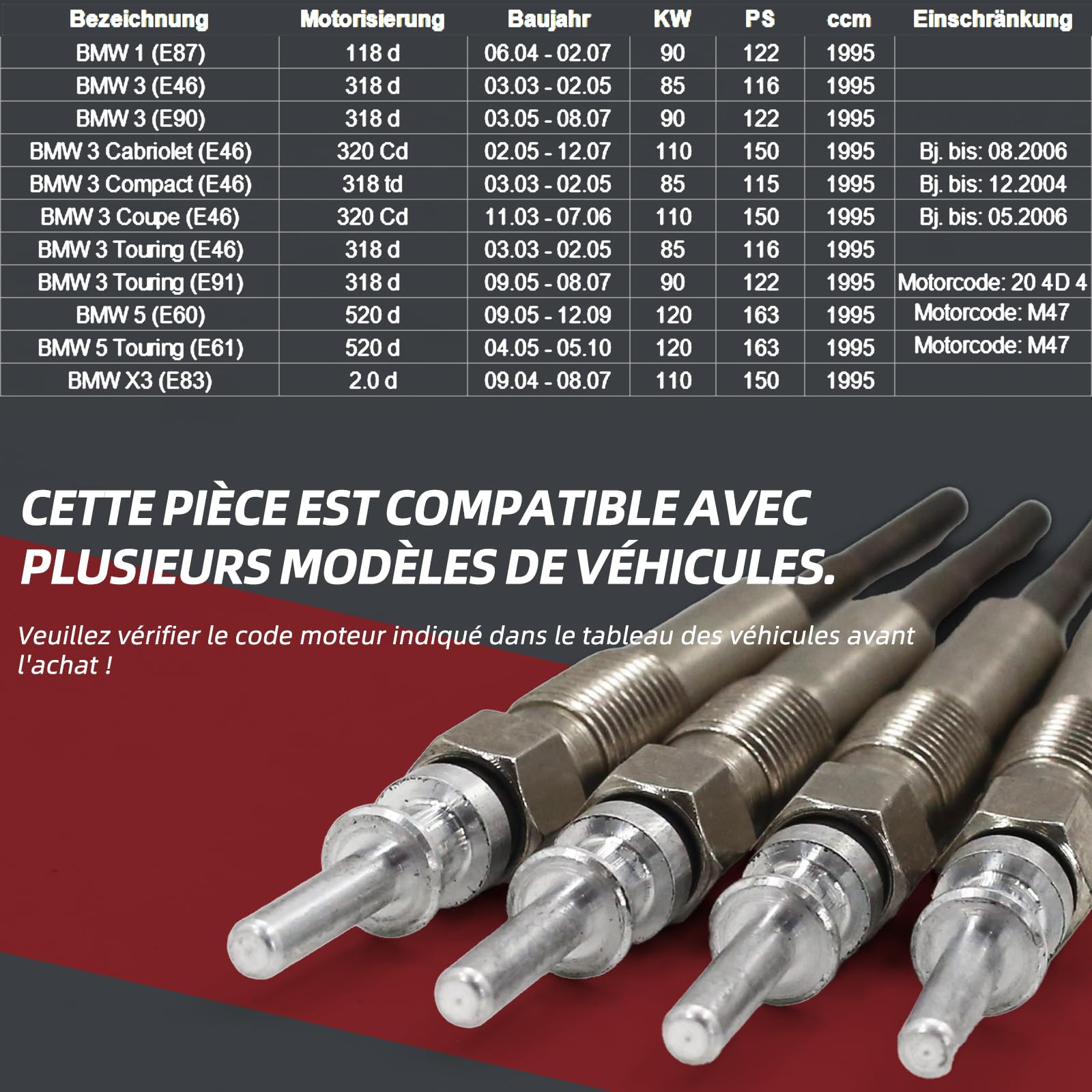 Lot de 4 bougies de préchauffage pour B-M-W Série 1 E87 Série 3 E46 E90 Série 5 E60 X3 E83 d M47 Numéro de pièce : 0250402002