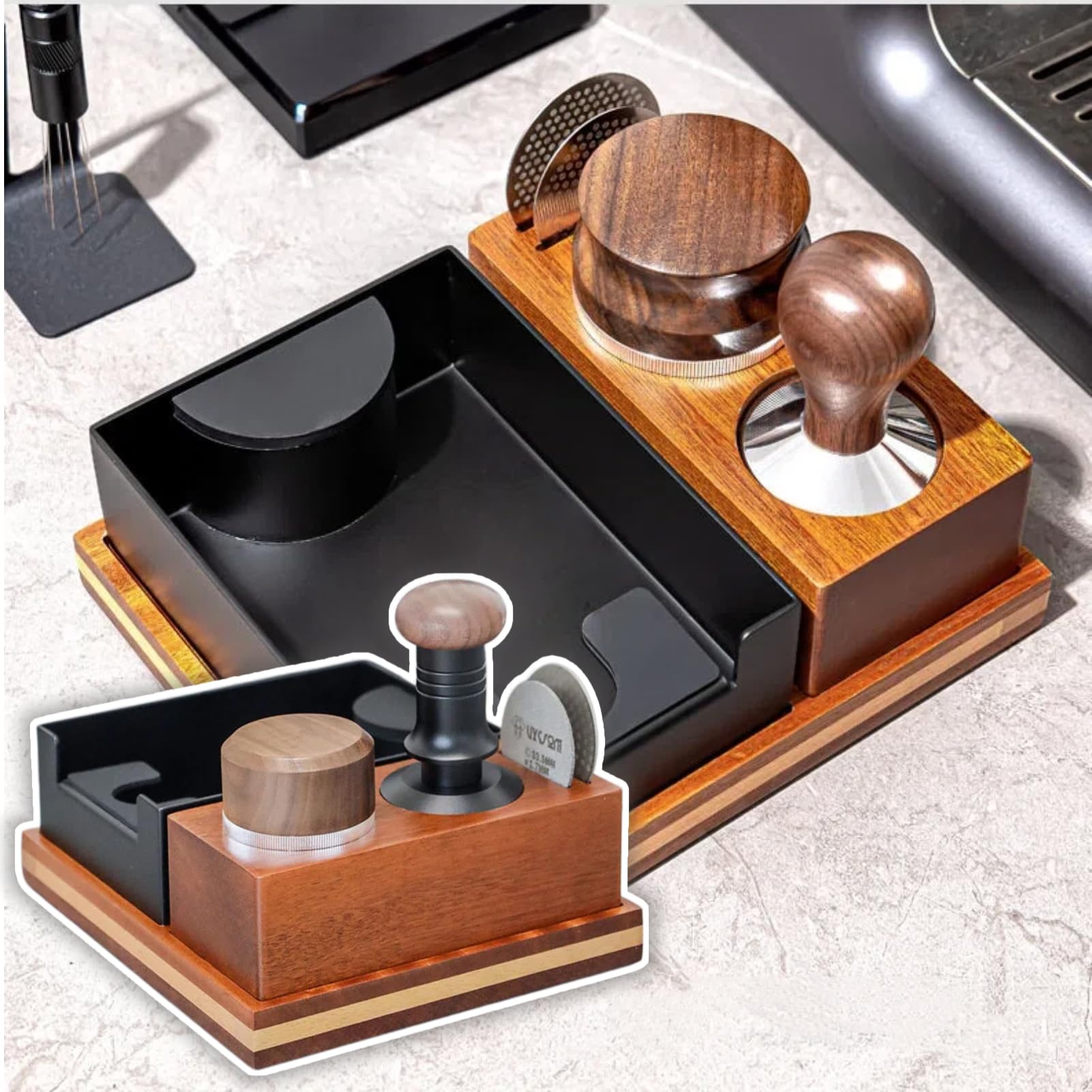 Espresso Knockbox und Tamp Station, 2 In1 Kaffeeorganisator, 23 x 18.2 cm | mit abnehmbarer Knockbox, Tamping Station für Aufbewahrung 51 mm 54 mm 58 mm Kaffeezubehör, Espresso -Zubehör, Kaffeemaschine
