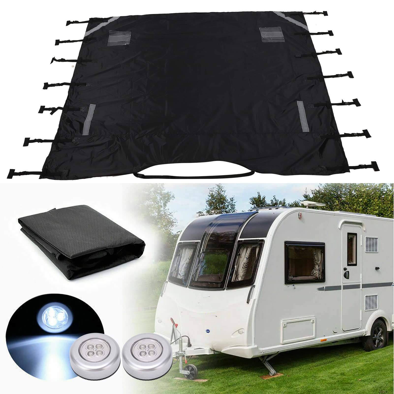 Cubierta universal para remolque delantero de caravana, 86 x 69 pulgadas, cubierta protectora delantera para caravana, tela Oxford 210D, con luces LED y correas de fijación ajustables, cubiert