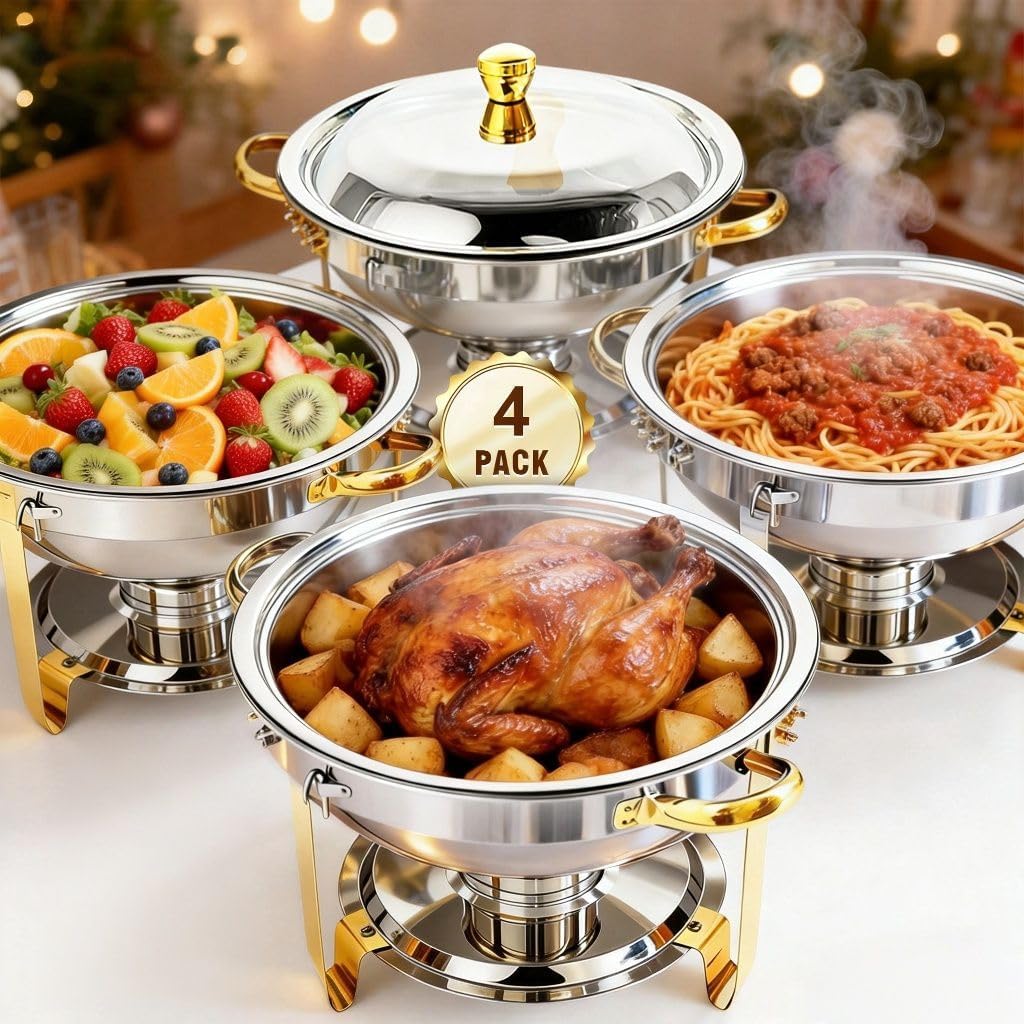  Chafing Dishes for Buffet, 4 Pack 6QT Round Premium 