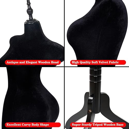 Miniatura 5 de KTMANEQ Torso de maniquí femenino con curvas ajustables con soporte, forma de vestido pinable para ropa (negro, terciopelo)