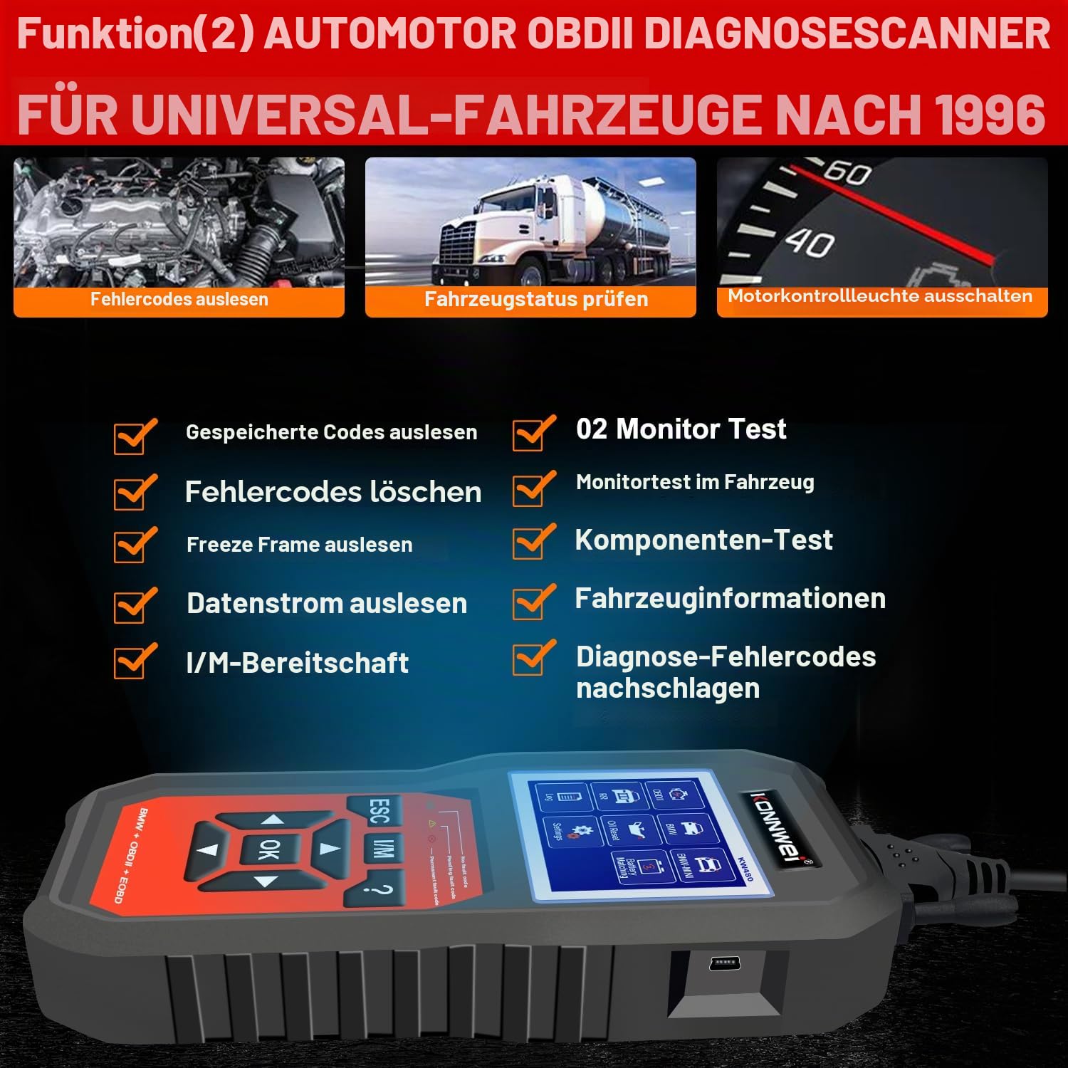 KONNWEI KW480 OBD2 Diagnosegerät für Auto, Fehlerauslesegerät mit Echtzeitdaten & Vollständigen OBDII-Funktionen,OBD KFZ Diagnose für BMW und Alle Fahrzeuge ab 2002,Unterstützt OBD2/EOBD