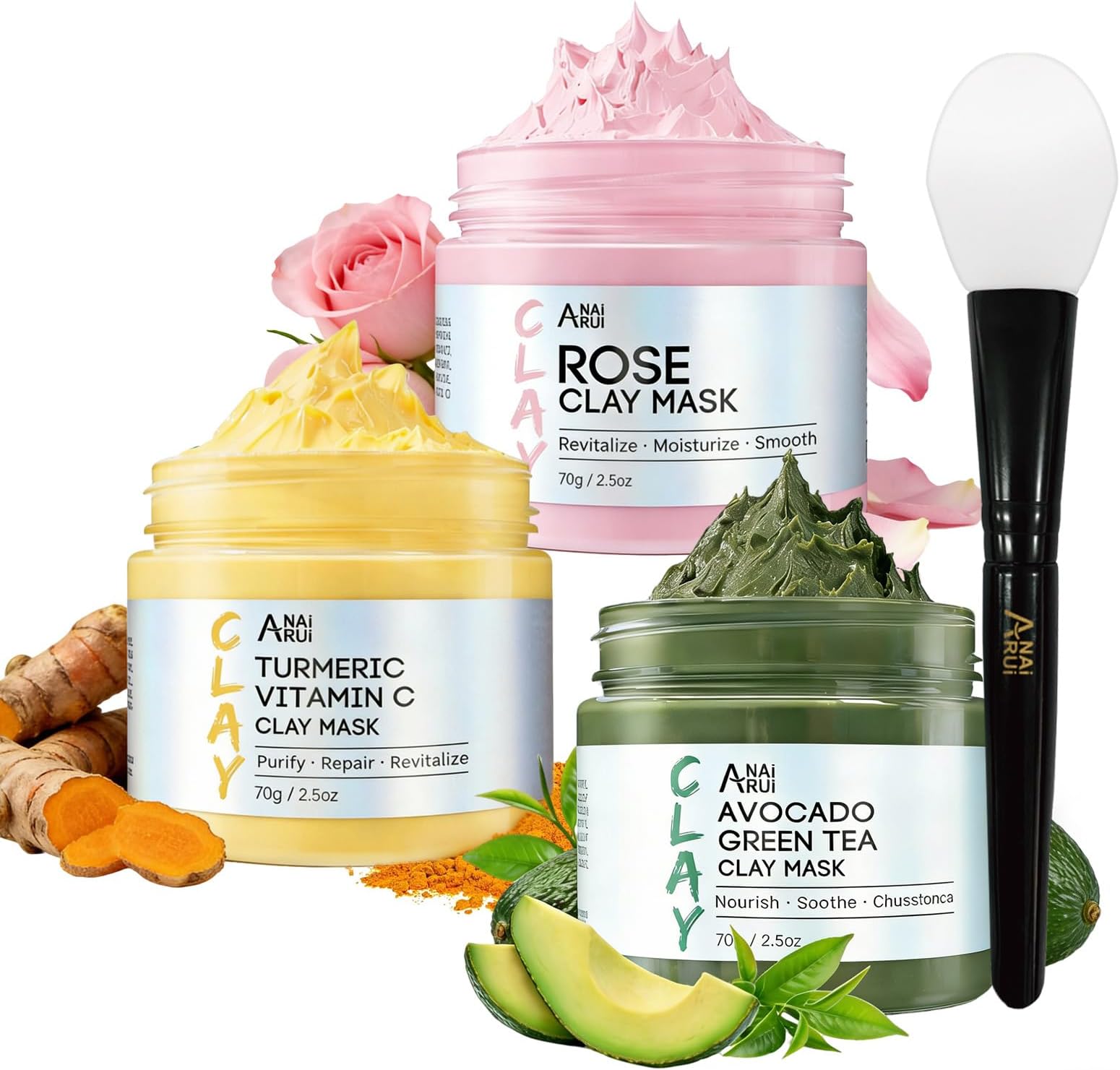 ANAI RUI 3 Pack Clay Mask Set Turmeric Vitamin C Clay Mask -Rose Facial Mask -Avocado Green Tea Mud Mask Smoothing, Hydration & Glow,Spa Gift Set, Self Care for Women Teens 2.5 oz Each