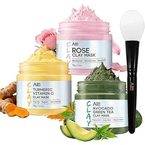 ANAI RUI 3 Pack Clay Mask Set Turmeric Vitamin C Clay Mask -Rose Facial Mask -Avocado Green Tea Mud Mask Smoothing, Hydration & Glow,Spa Gift Set, Self Care for Women Teens 2.5 oz Each