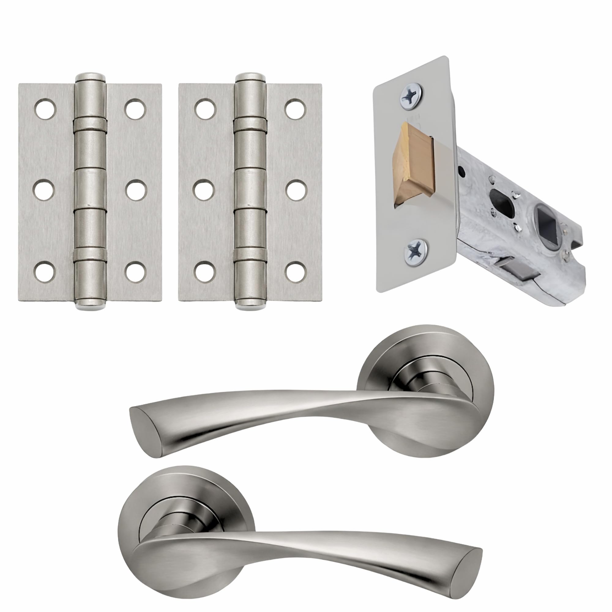 UAP Zeta Lever on Rose Internal Door Handles Pair Latch Pack with Hinges and Tubular Latch Satin Nickel Polish