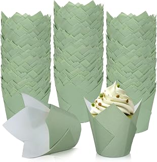 Whaline 200Pcs Sage Green Tulip Cupcake Liners Green Muffin Baking Liners Tulip Cupcake Wrappers Baking Cup for Bridal Baby Shower Wedding Birthday Party Decor