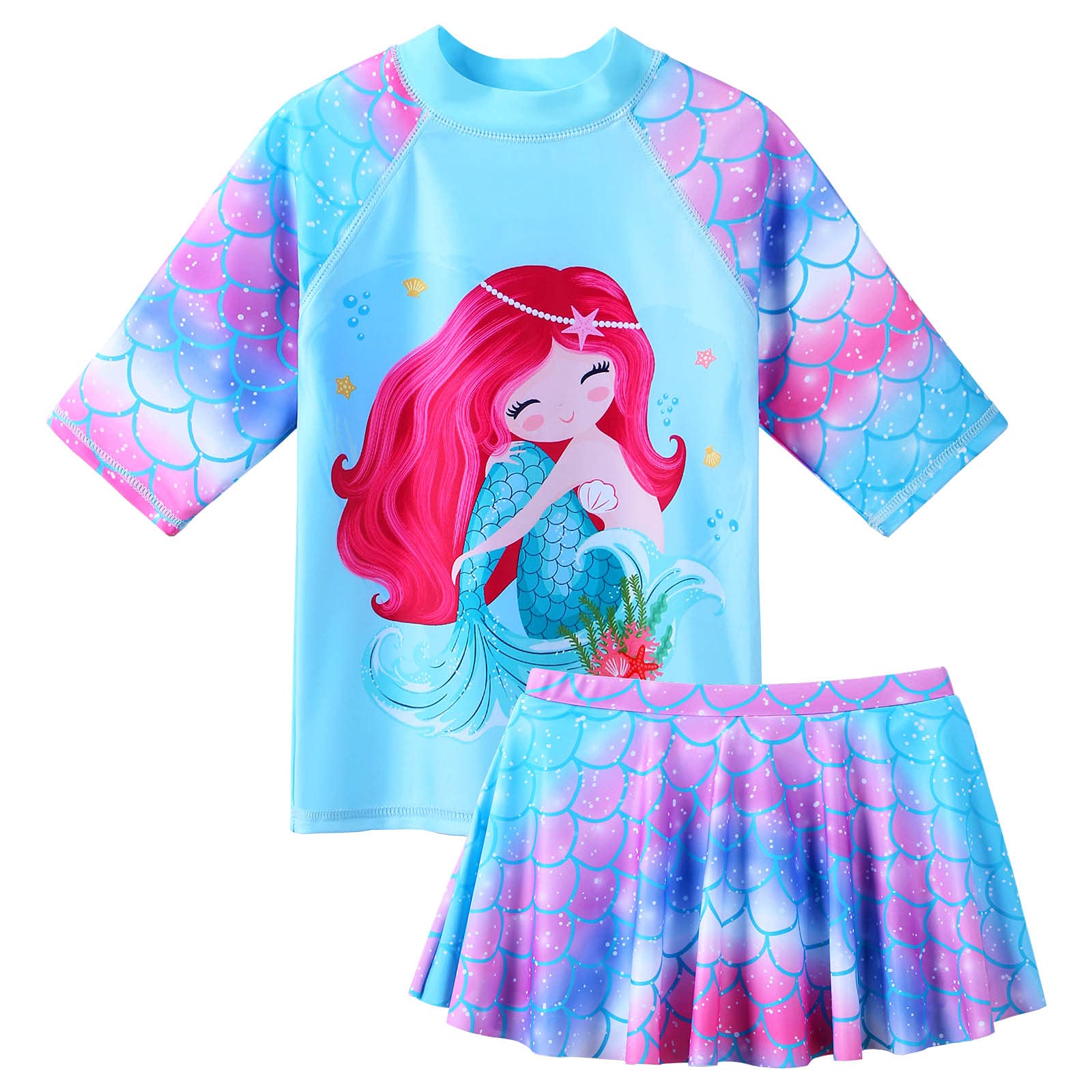 Girl's Two-Piece Long Sleeve Swimsuits UPF50+ Rash Guard Kids Bathing Suit