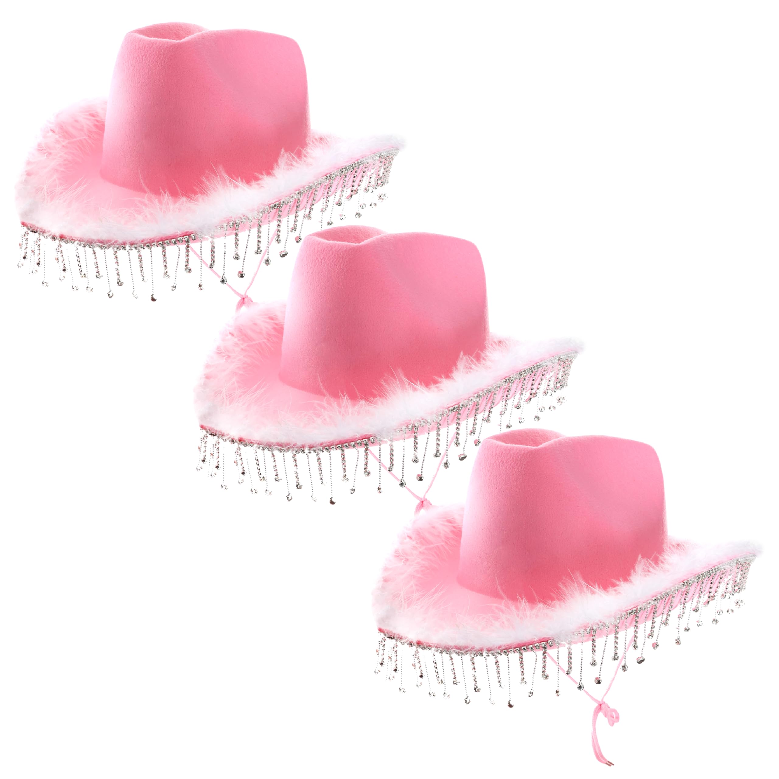 Adults Diamant√à & Marabou Cowgirl Hat - Pack of 3 - Pink Felt Cowboy Hat with Marabou Trim and Diamant√à Detailling - Adults Feather Trim Glitter Bling Cowgirl Hat Western Party Fancy Dress Accessory