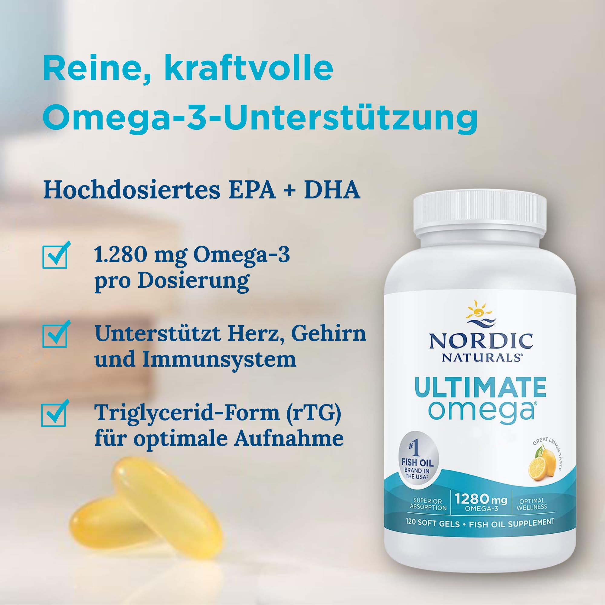 Nordic Naturals Ultimate Omega 3 Kapseln mit hochdosiertem Fischöl, Omega-3-Nahrungsergänzung mit 1280 mg, EPA und DHA, hoch dosiert, Zitronengeschmack, 120 Softgels, sojafrei, glutenfrei, natürlich