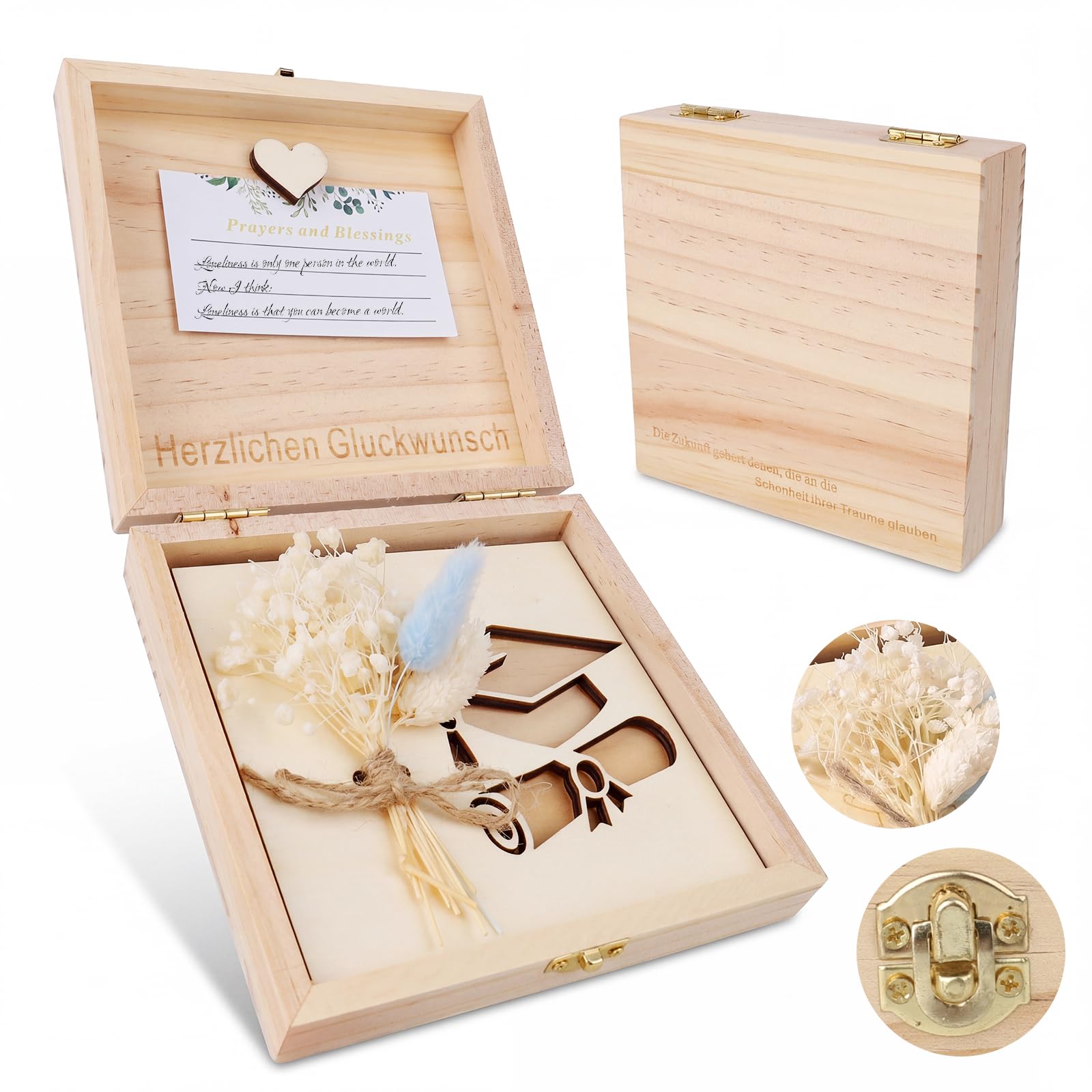 Geldgeschenk Abschluss Holzbox – Geschenkbox mit Trockenblumen & Karte für Abitur, Studium, Bachelor, Master – Personalisierte Glückwunsch Spardose Holz
